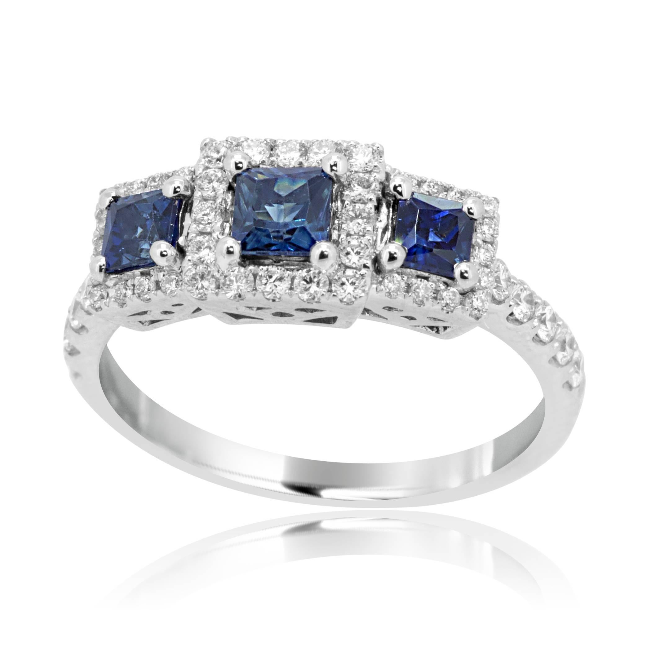 Princess Cut Blue Sapphire Diamond Halo Three Stone Gold Fashion Cocktail Ring