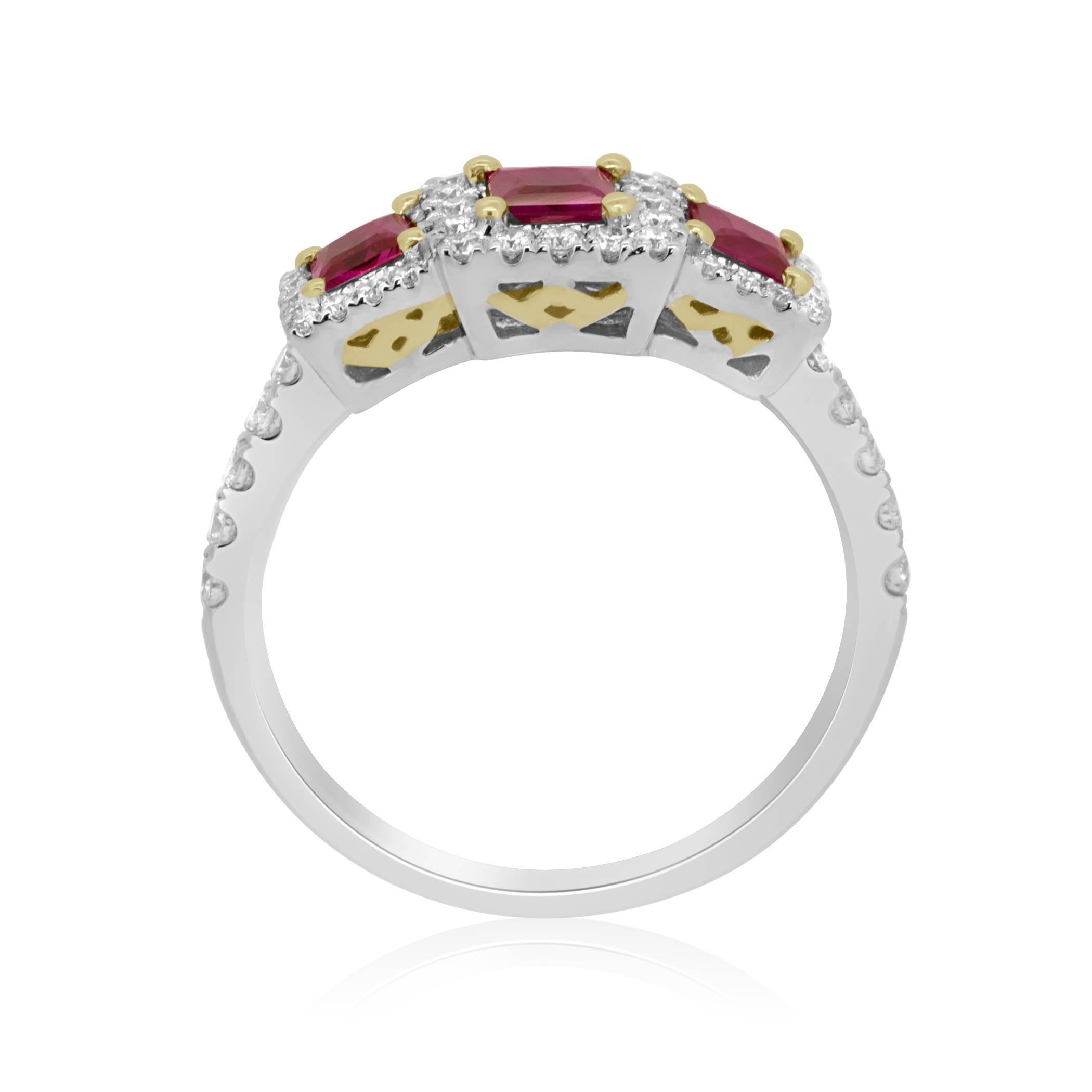 Princess Cut Ruby three stones 0.61 carat encircled in Halo of White Diamond Round 48 stones 0.40 carat in 14K White Gold Three Stone Fashion Cocktail Ring.

Style available in different price ranges and can be custom made as per your requirements .