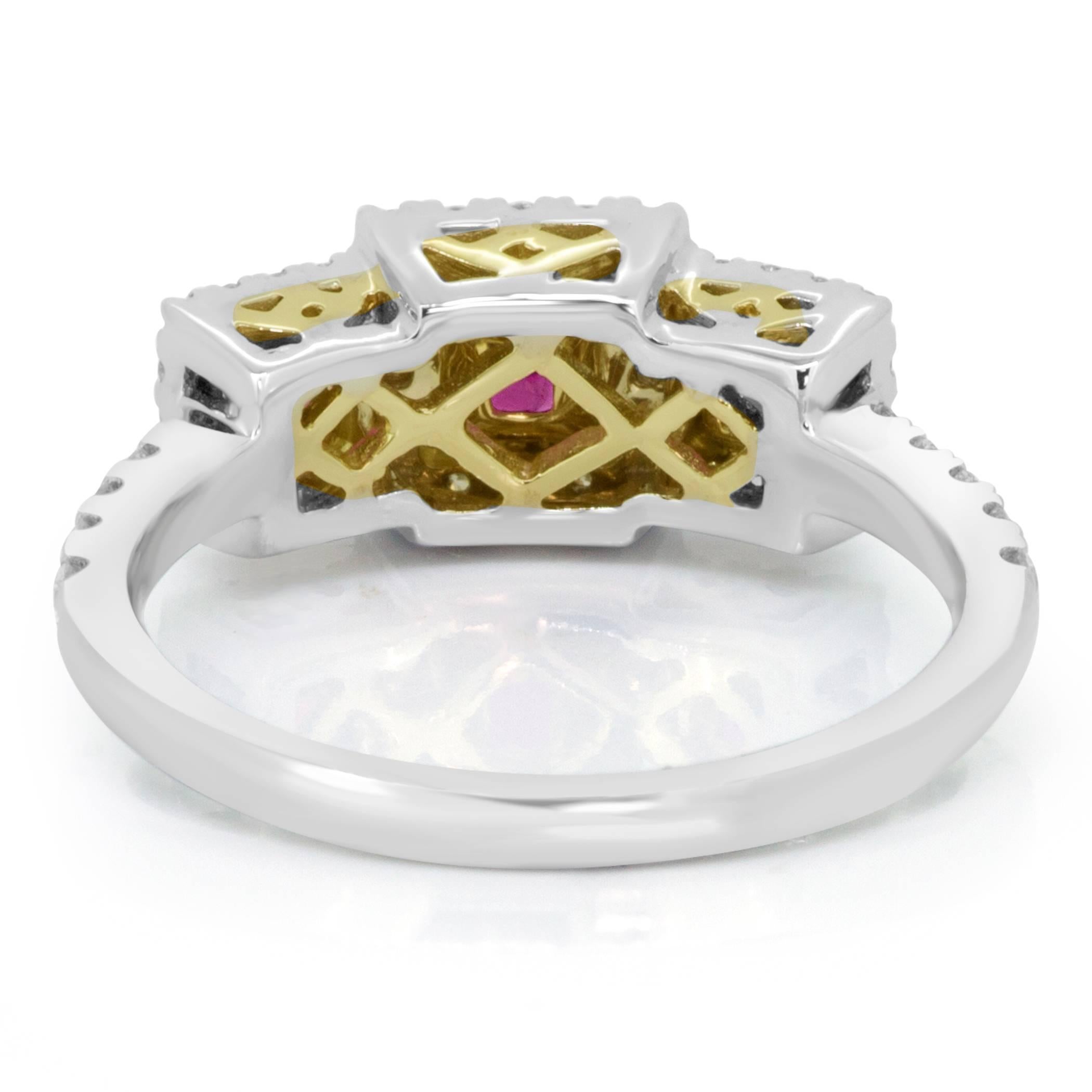 Contemporary Three Stone Ruby Square White Diamond Halo Two Color Gold Fashion Cocktail Ring