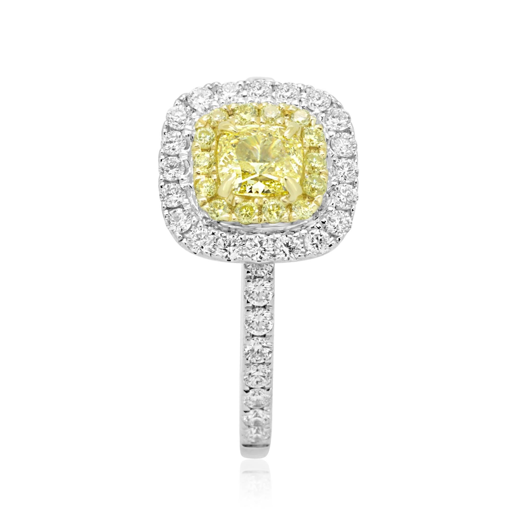 Cushion Cut Natural Fancy Yellow and White Diamond Double Halo Bridal Fashion Cocktail Ring
