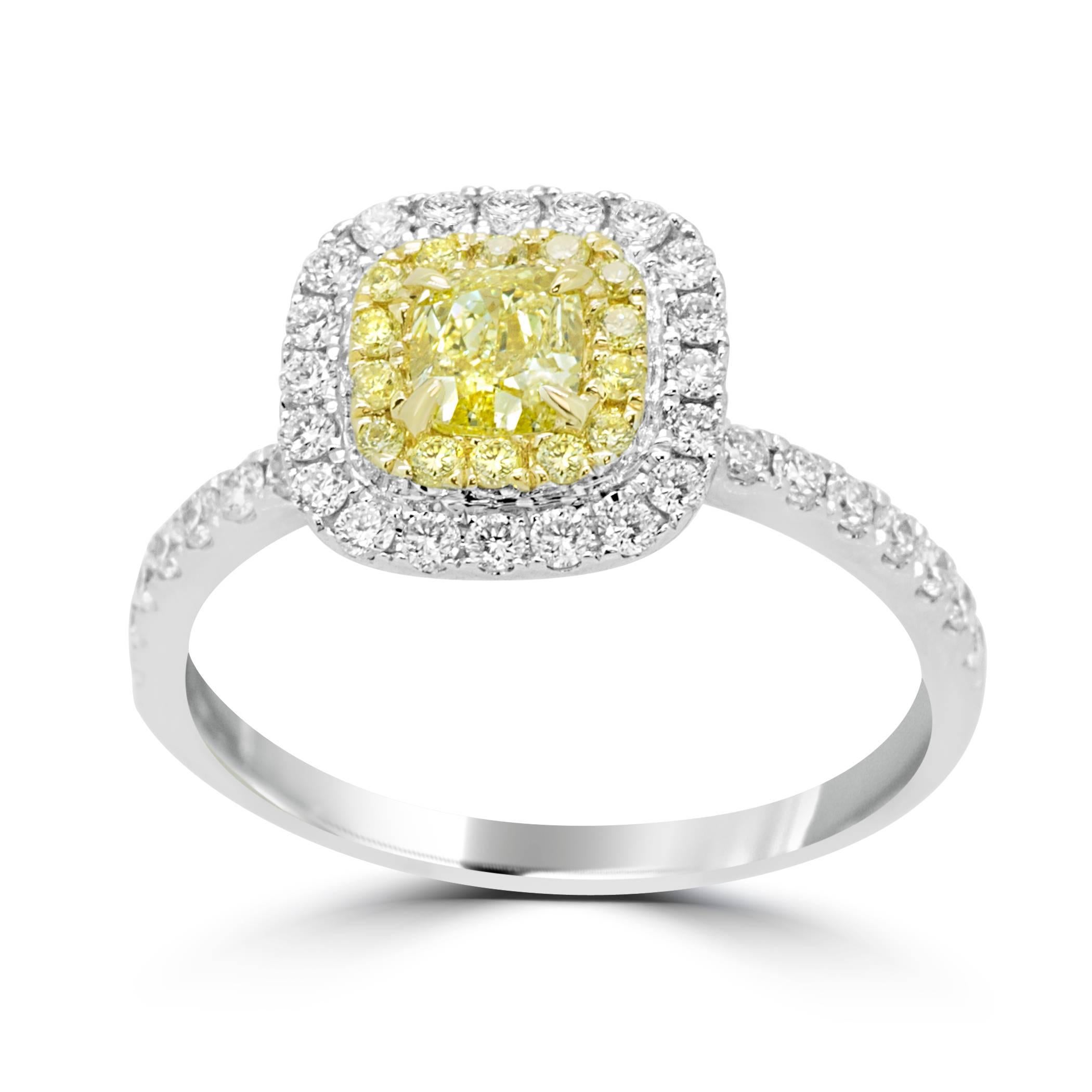 Natural Fancy Yellow and White Diamond Double Halo Bridal Fashion Cocktail Ring In New Condition In NEW YORK, NY