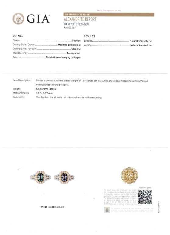 GIA Certified 1.01 Carat Alexandrite Cushion Diamond Two Color Gold ...