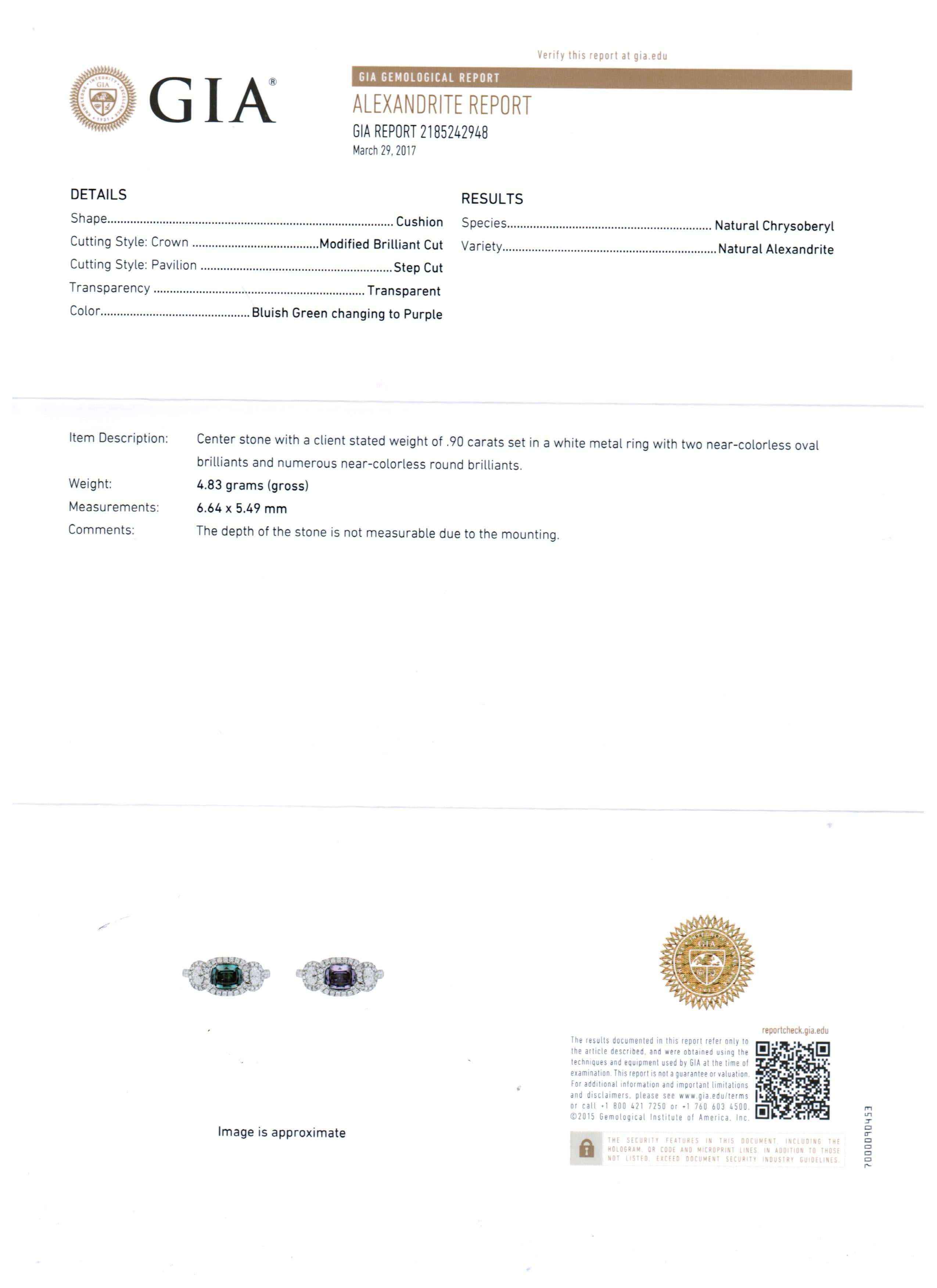 GIA Certified 0.90 Carat Alexandrite Cushion Three stone Diamond Halo Gold Ring 4