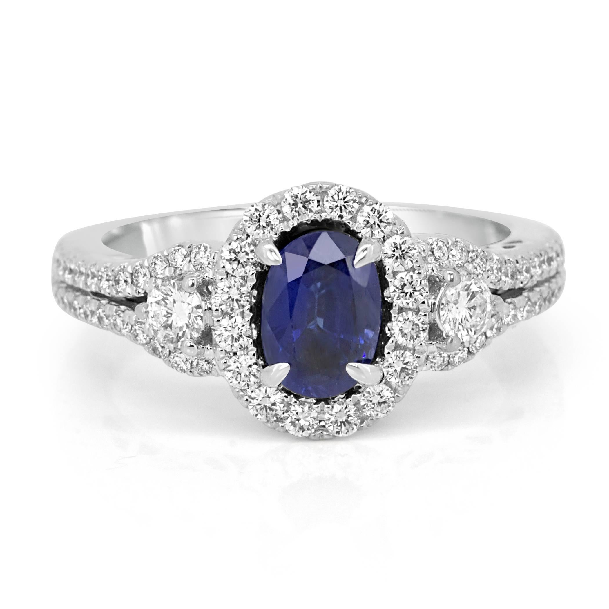 Modern Blue Sapphire Diamond Halo Gold Ring