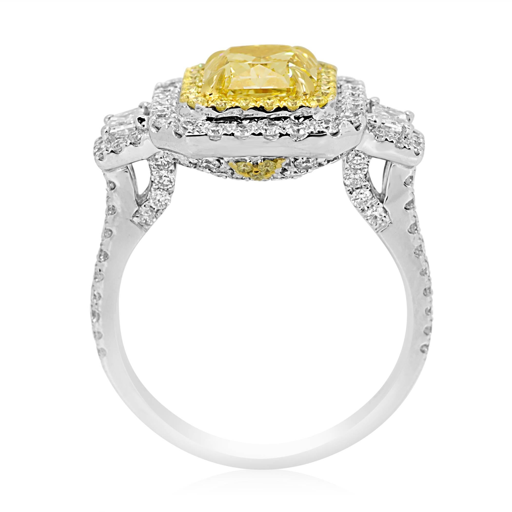 GIA Certified Yellow Diamond Two Color Gold Halo Three Stone Bridal Fashion Ring 1