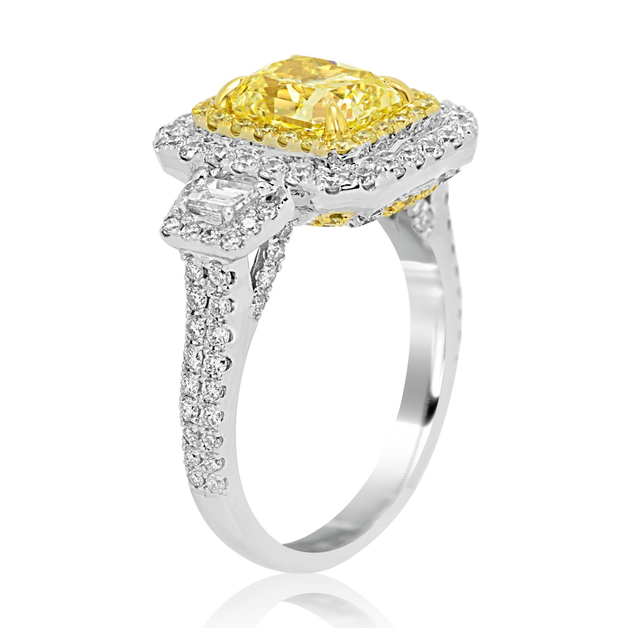 GIA Certified Yellow Diamond Two Color Gold Halo Three Stone Bridal Fashion Ring 2