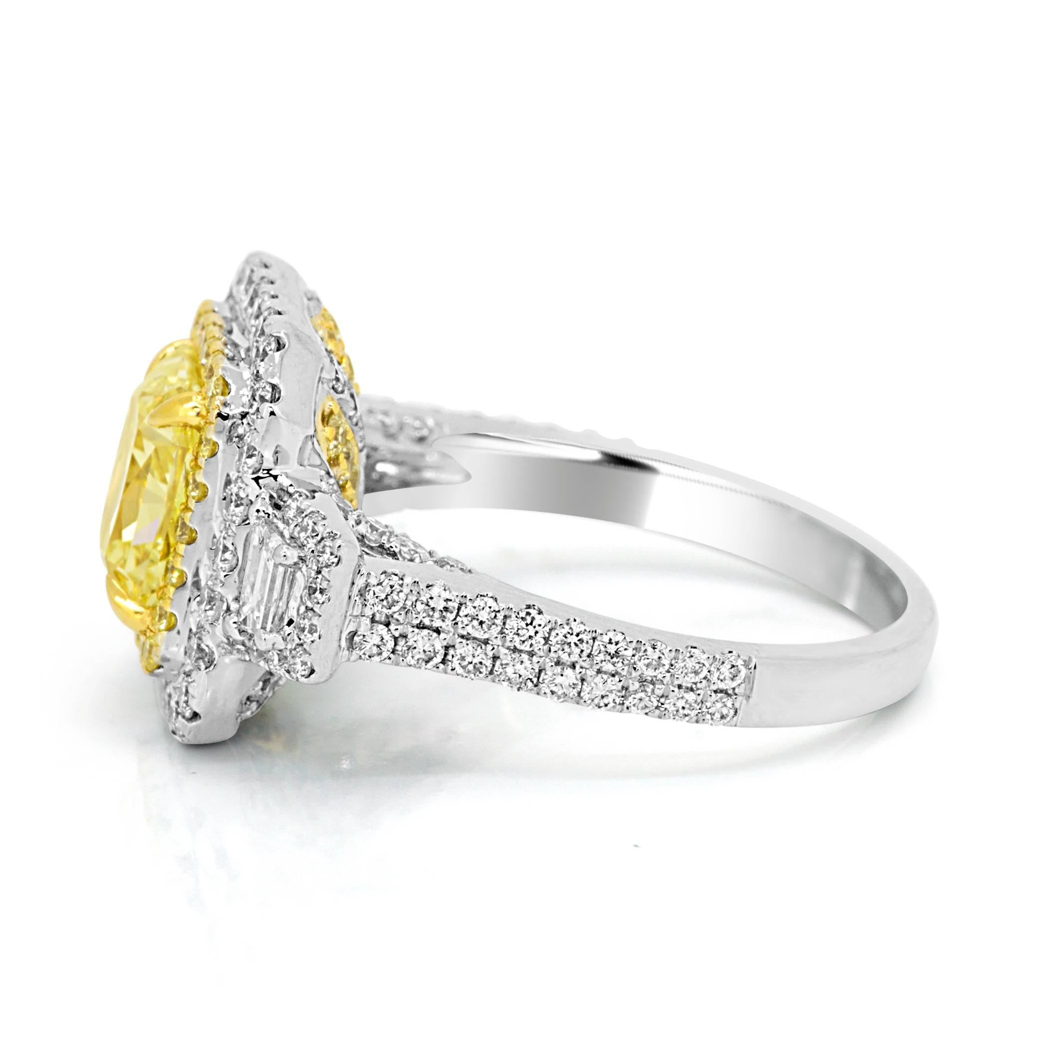 Radiant Cut GIA Certified Yellow Diamond Two Color Gold Halo Three Stone Bridal Fashion Ring