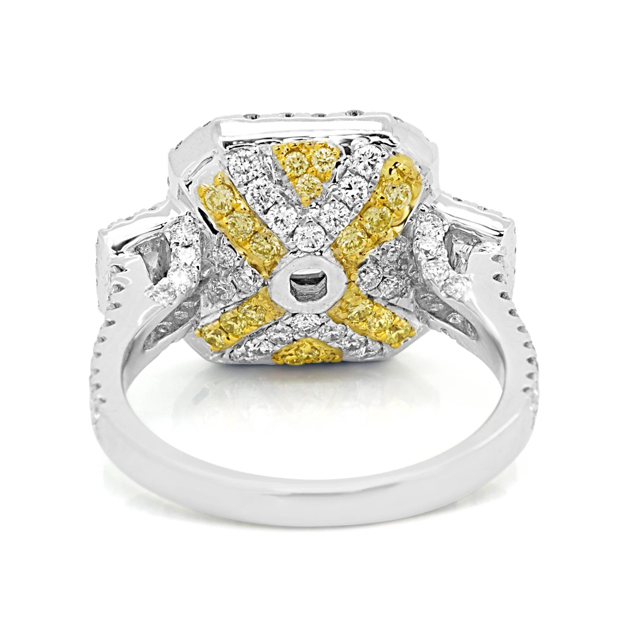 GIA Certified Yellow Diamond Two Color Gold Halo Three Stone Bridal Fashion Ring In New Condition In NEW YORK, NY