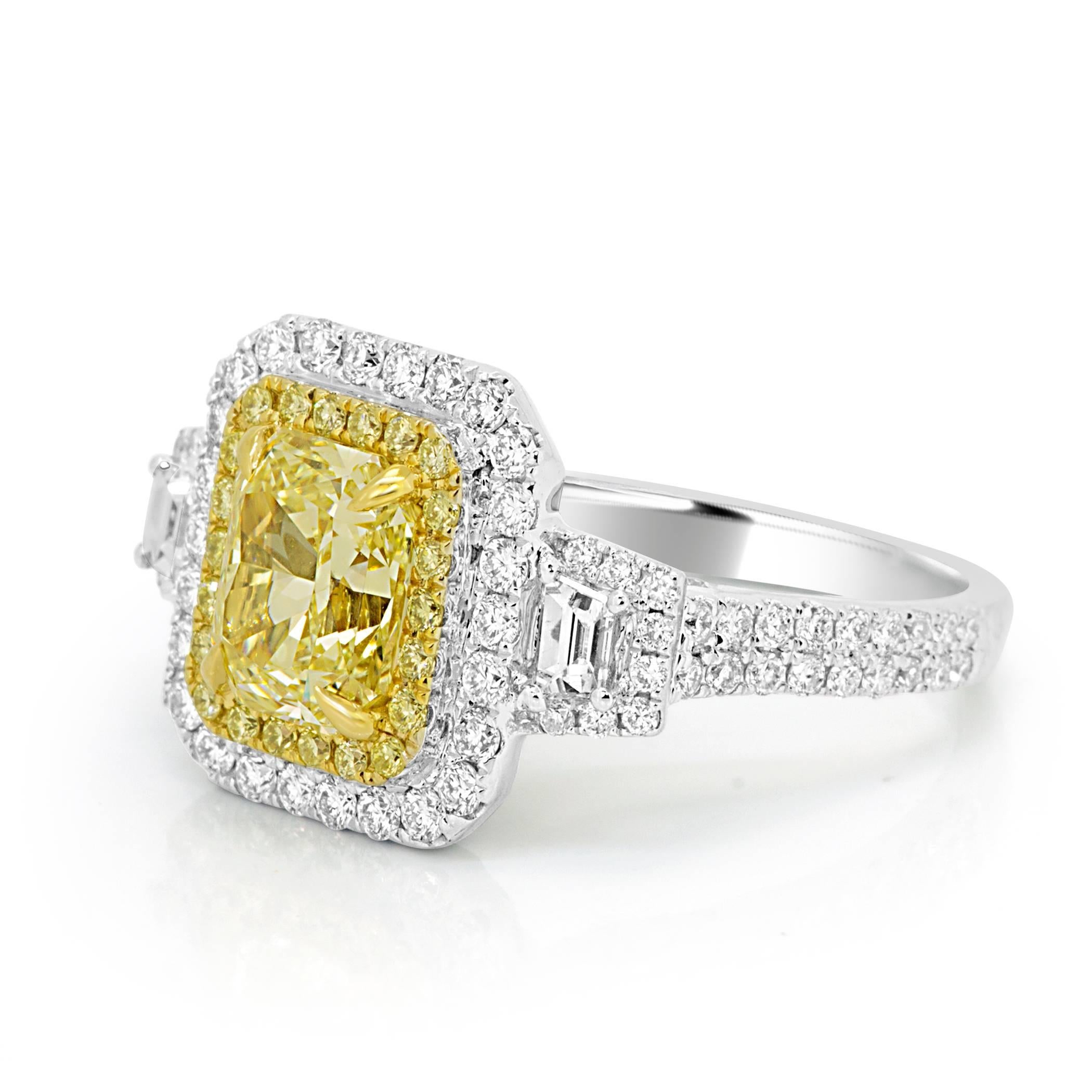 Modern GIA Certified Yellow Diamond Two Color Gold Halo Three Stone Bridal Fashion Ring