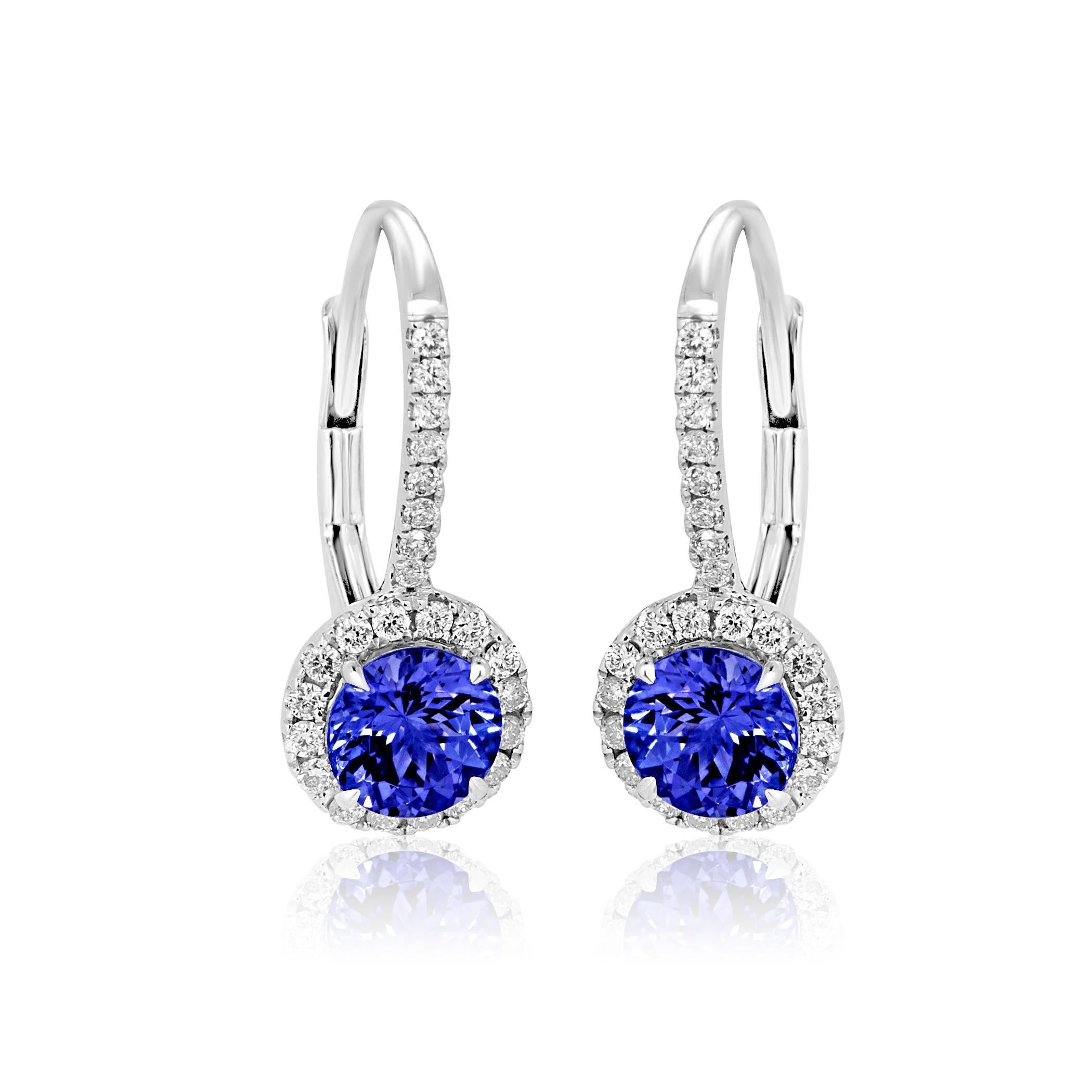 Modern Tanzanite Round Diamond Halo White Gold Drop Dangle Fashion Lever back Earring