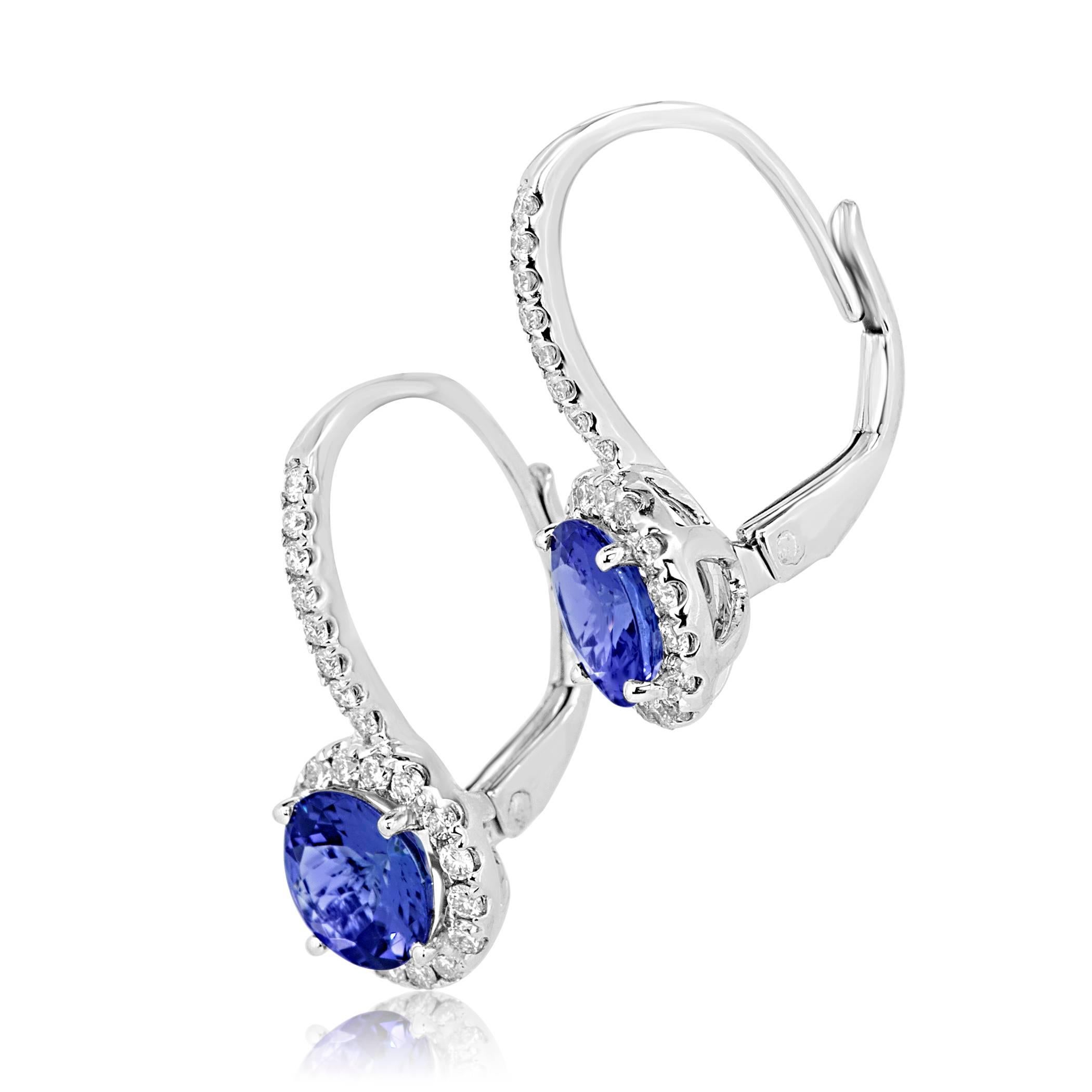 Tanzanite Round Diamond Halo White Gold Drop Dangle Fashion Lever back Earring In New Condition In NEW YORK, NY