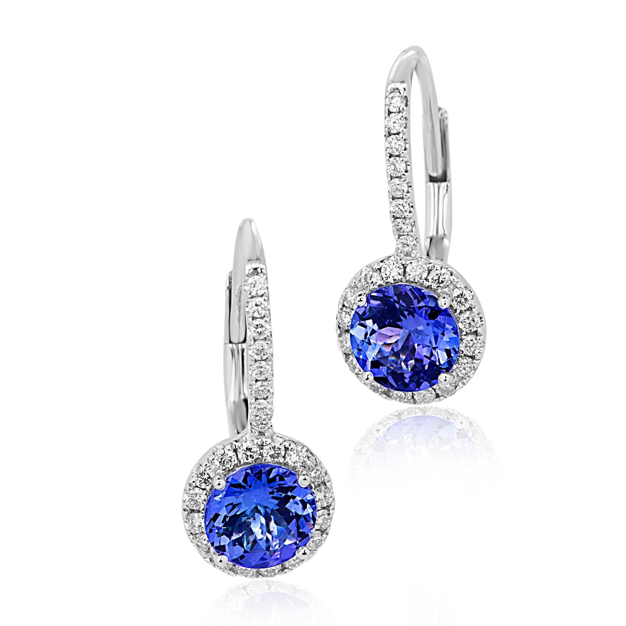 Tanzanite Round Diamond Halo White Gold Drop Dangle Fashion Lever back Earring 1