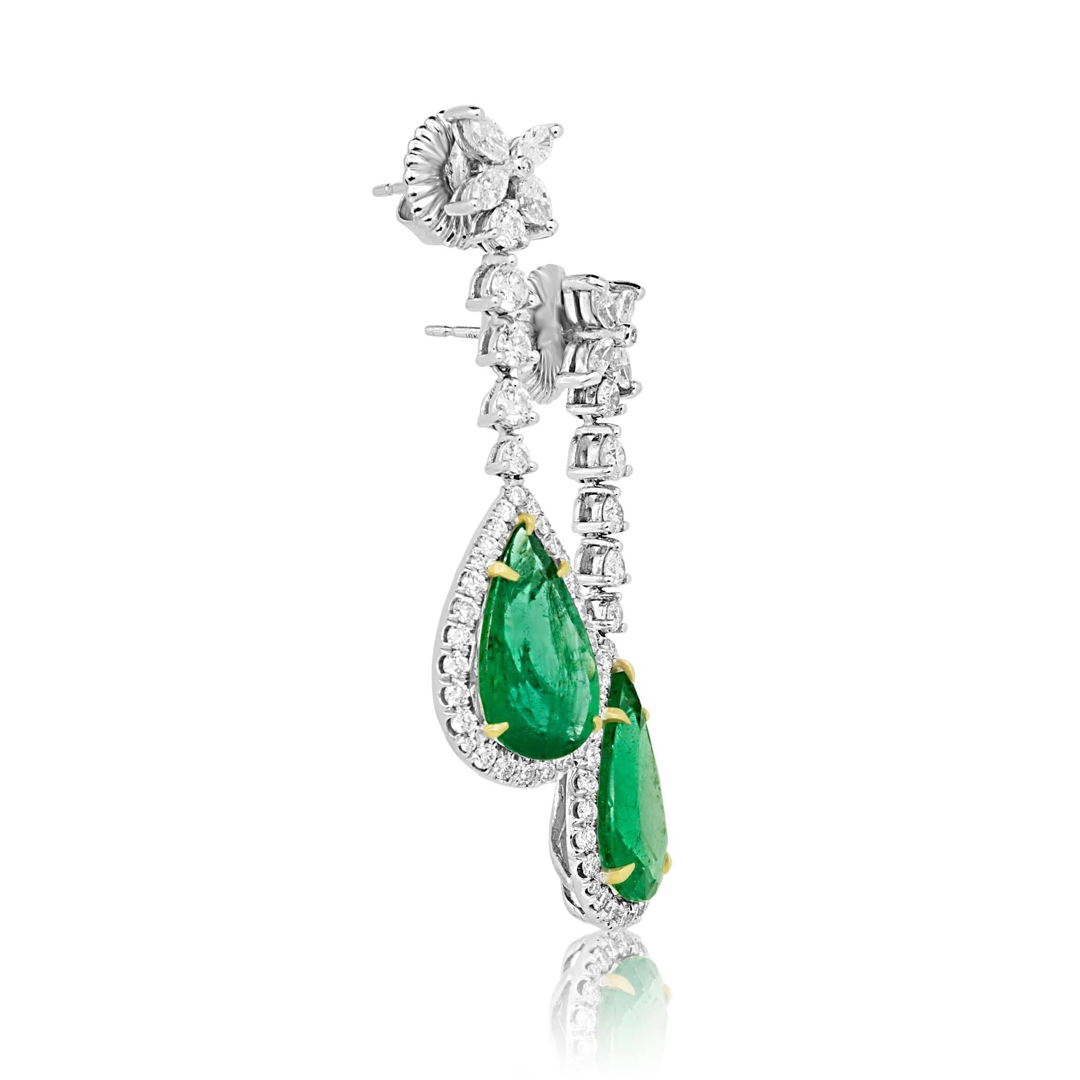2 Pear Shape Emerald 9.02 Carat Encircled in Halo Of White Diamond 1.60 Carat and 8 Diamond Marquis 0.90 Carat in 18K White and Yellow Gold Dangle Drop Fashion Earring. 

Style available in different price ranges. Prices are based on your selection