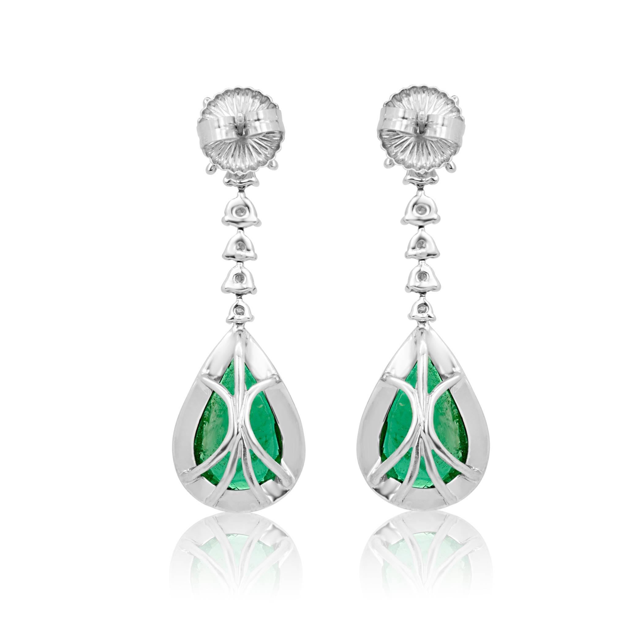 Contemporary Emerald Pear White Diamond Halo Two Color Gold Fashion Dangle Drop Earring