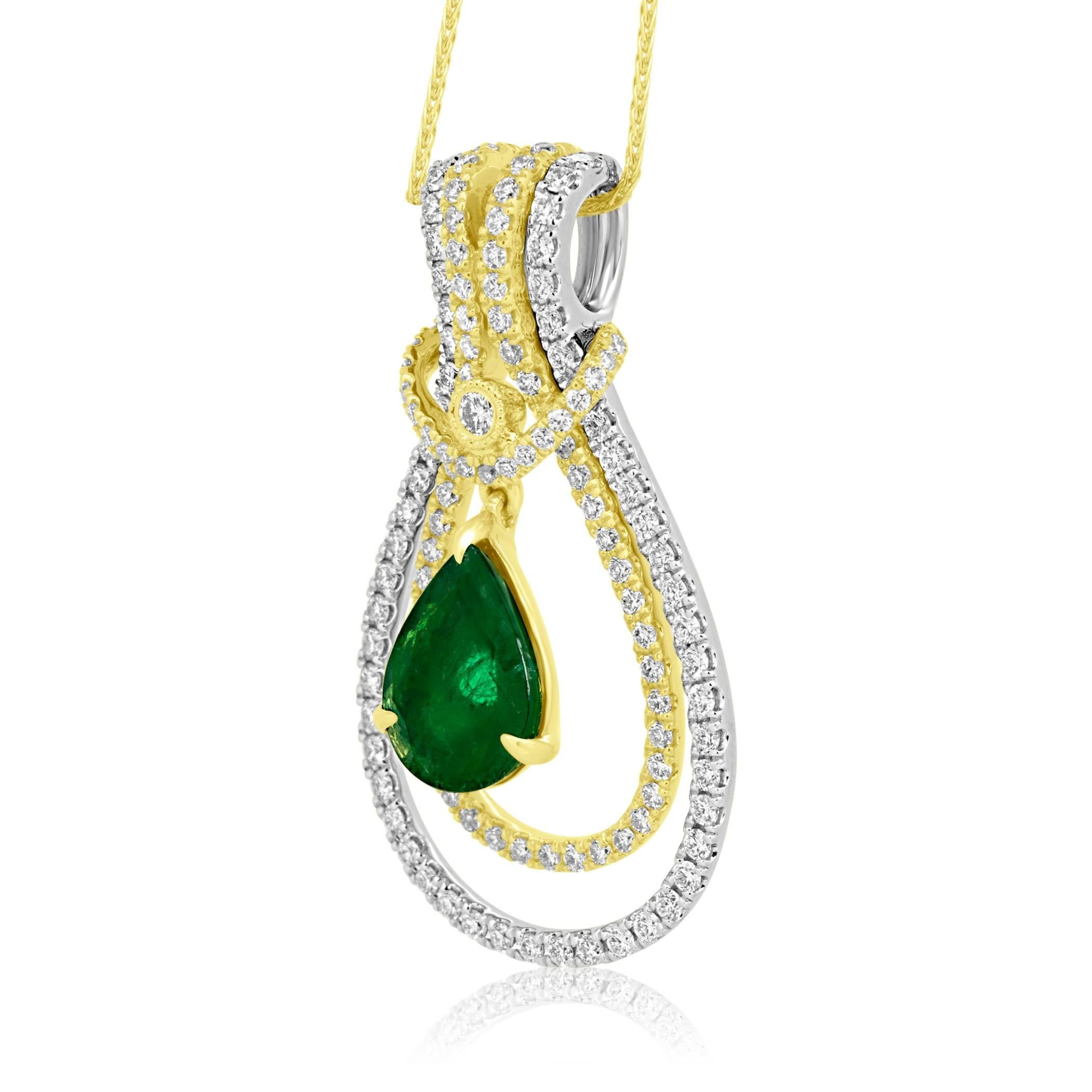 1 Emerald Pearshape 2.00 Carat White Diamond Round 1.16 Carat Interchangeable Pendent can be worn three ways as three pendents in 18K White and yellow Gold comes with Italian Spiga adjustable 18K Yellow Gold chain.