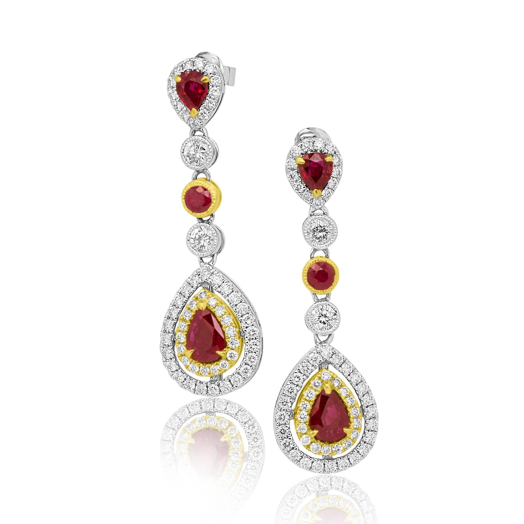 2 Pear shape Ruby 1.36 Carat encircled in double halo of White Diamonds with 2 Ruby Rounds 0.44 Carat in Bezel setting and 2 Ruby Pearshape 0.62 Carat encircled in single halo of white diamonds. 

Diamonds total weight 1.90 Carat 
Natural Rubies