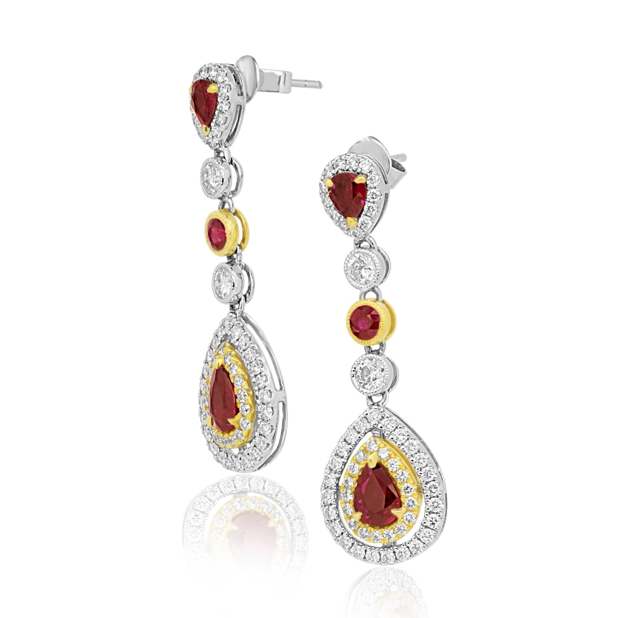 Modern Ruby Diamond Two Color Gold Double Halo Dangle Earrings
