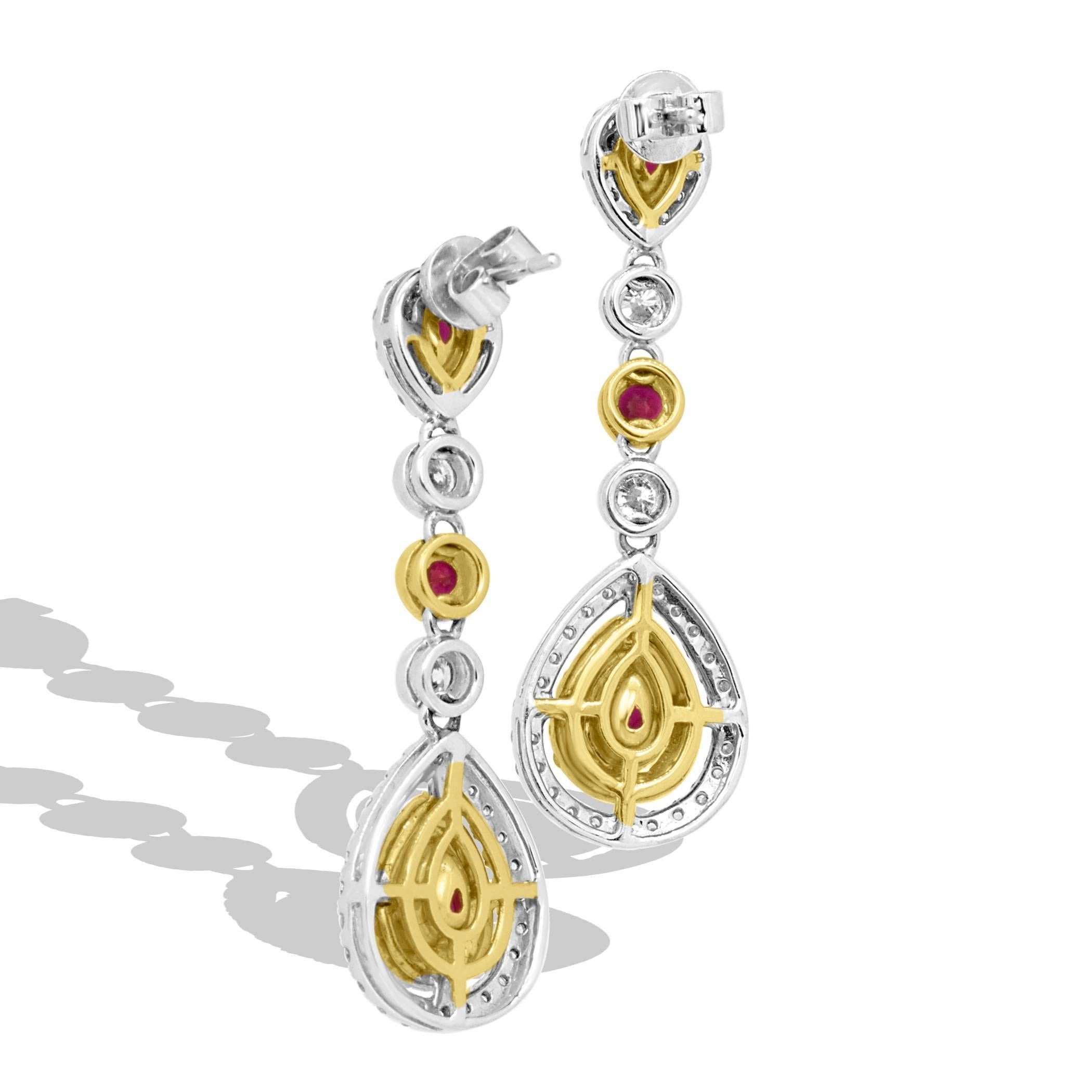 Ruby Diamond Two Color Gold Double Halo Dangle Earrings In New Condition In NEW YORK, NY