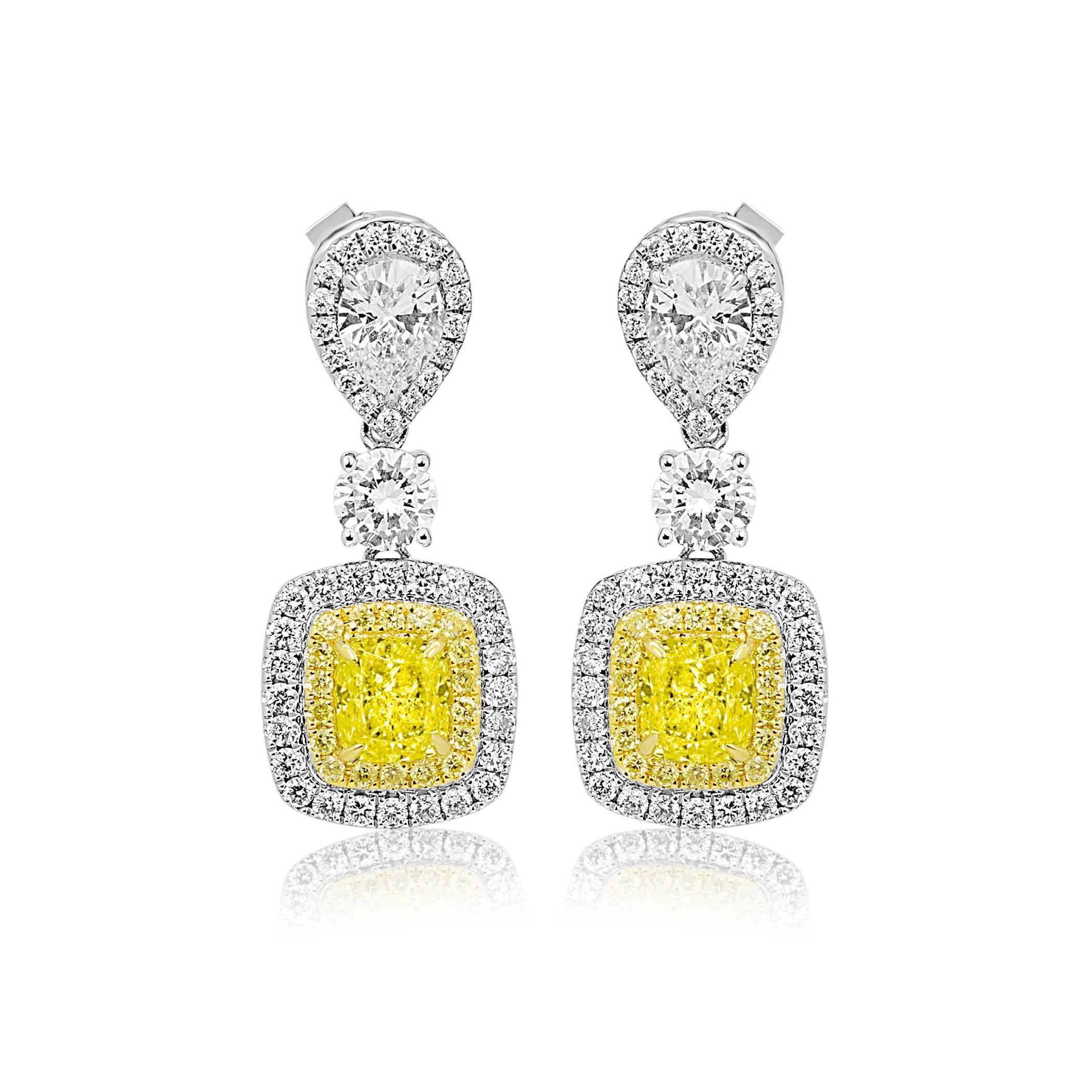 Modern Natural Yellow Diamond Double Halo Two Color Gold Drop Dangle Fashion Earring