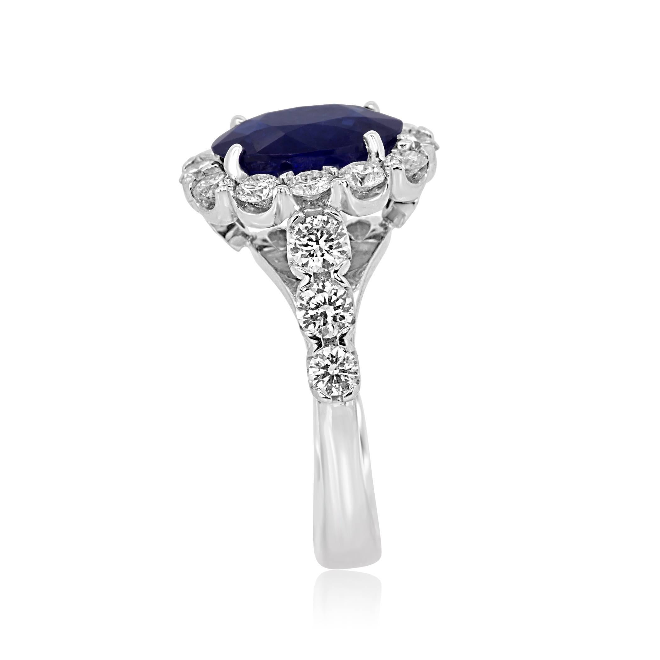 GIA Certified Blue Sapphire Oval Diamond Single Halo Gold Bridal Cocktail Ring 2