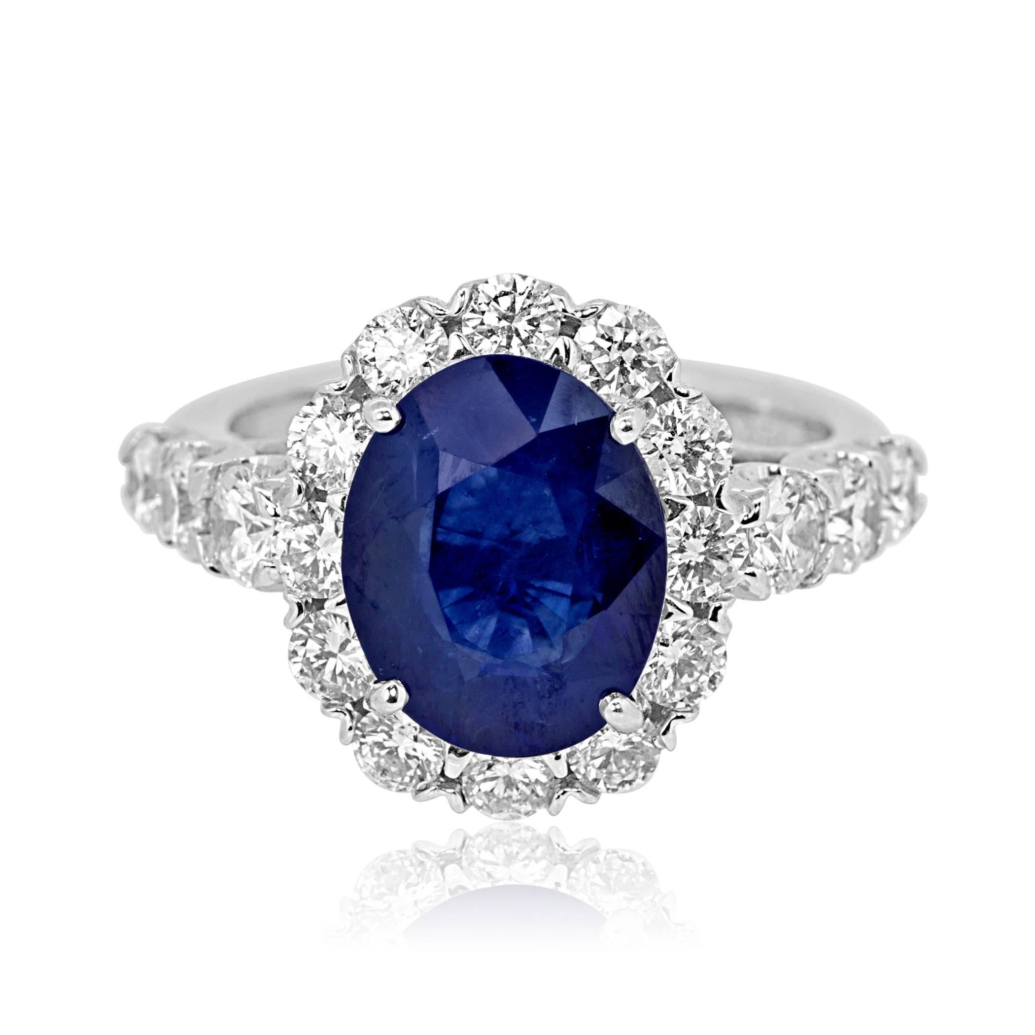 GIA Certified Blue Sapphire Oval Diamond Single Halo Gold Bridal Cocktail Ring In New Condition In NEW YORK, NY