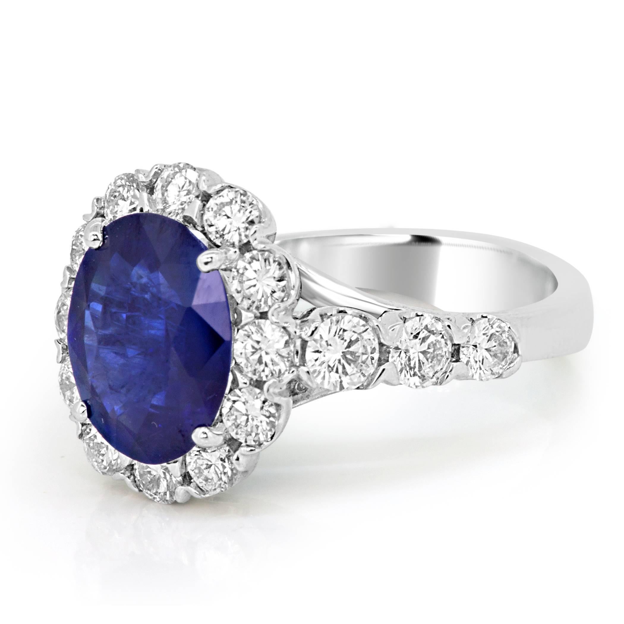 Women's or Men's GIA Certified Blue Sapphire Oval Diamond Single Halo Gold Bridal Cocktail Ring