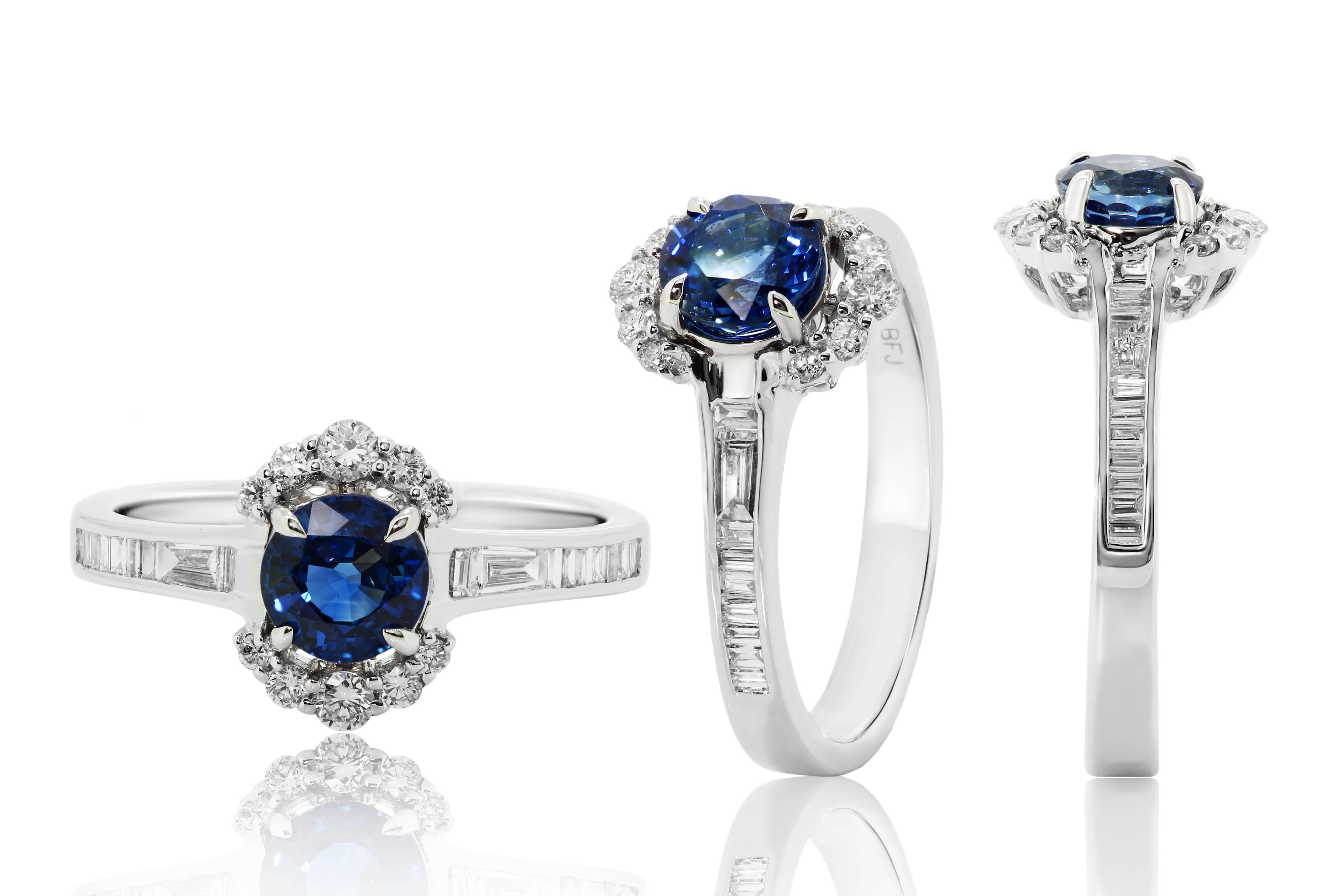 Contemporary Blue Sapphire Round Diamond Half Halo White Gold Bridal Fashion Cocktail Ring