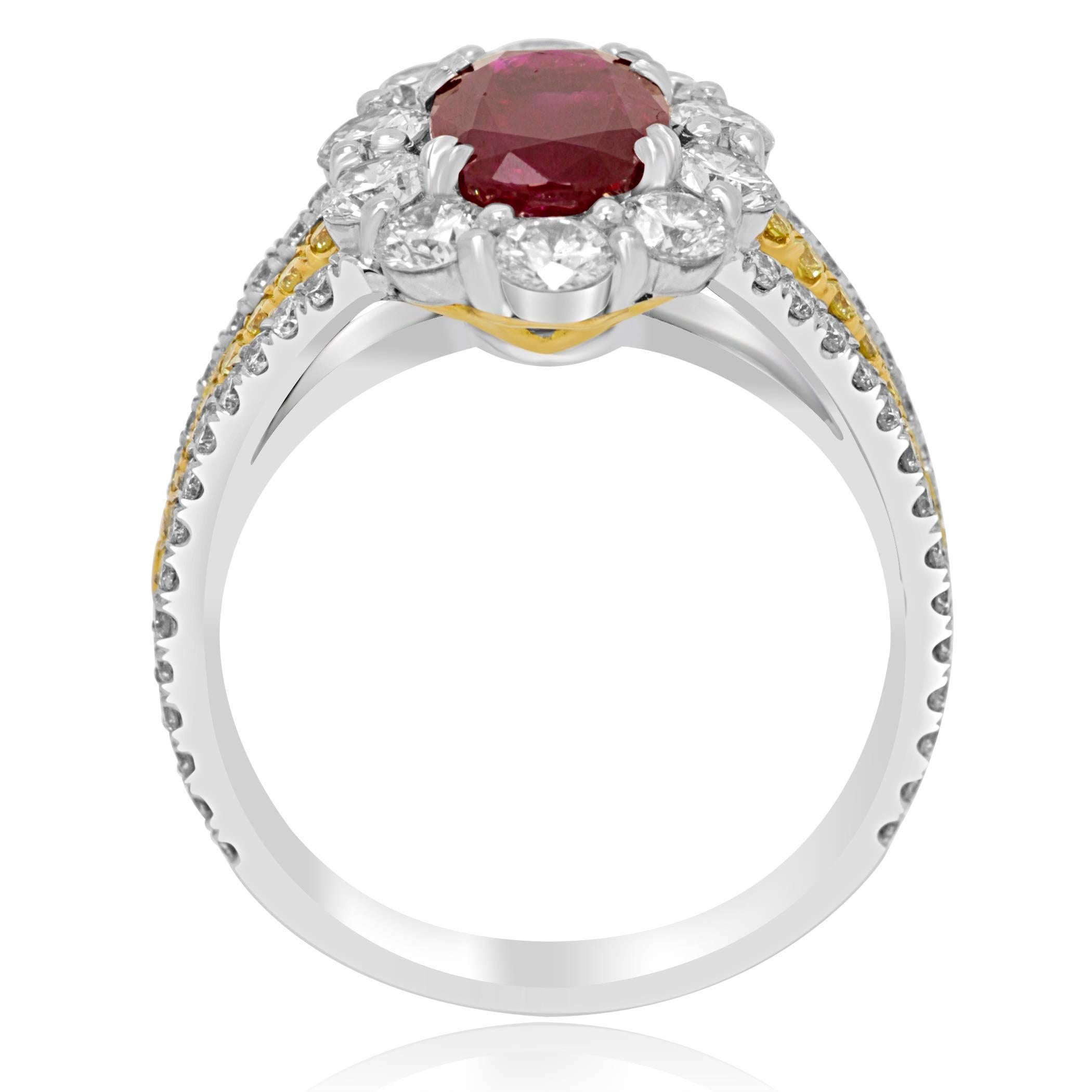 Pigeons Blood GIA Certified No Heat Burma Ruby Oval Halo Two Color Gold Ring In New Condition In NEW YORK, NY