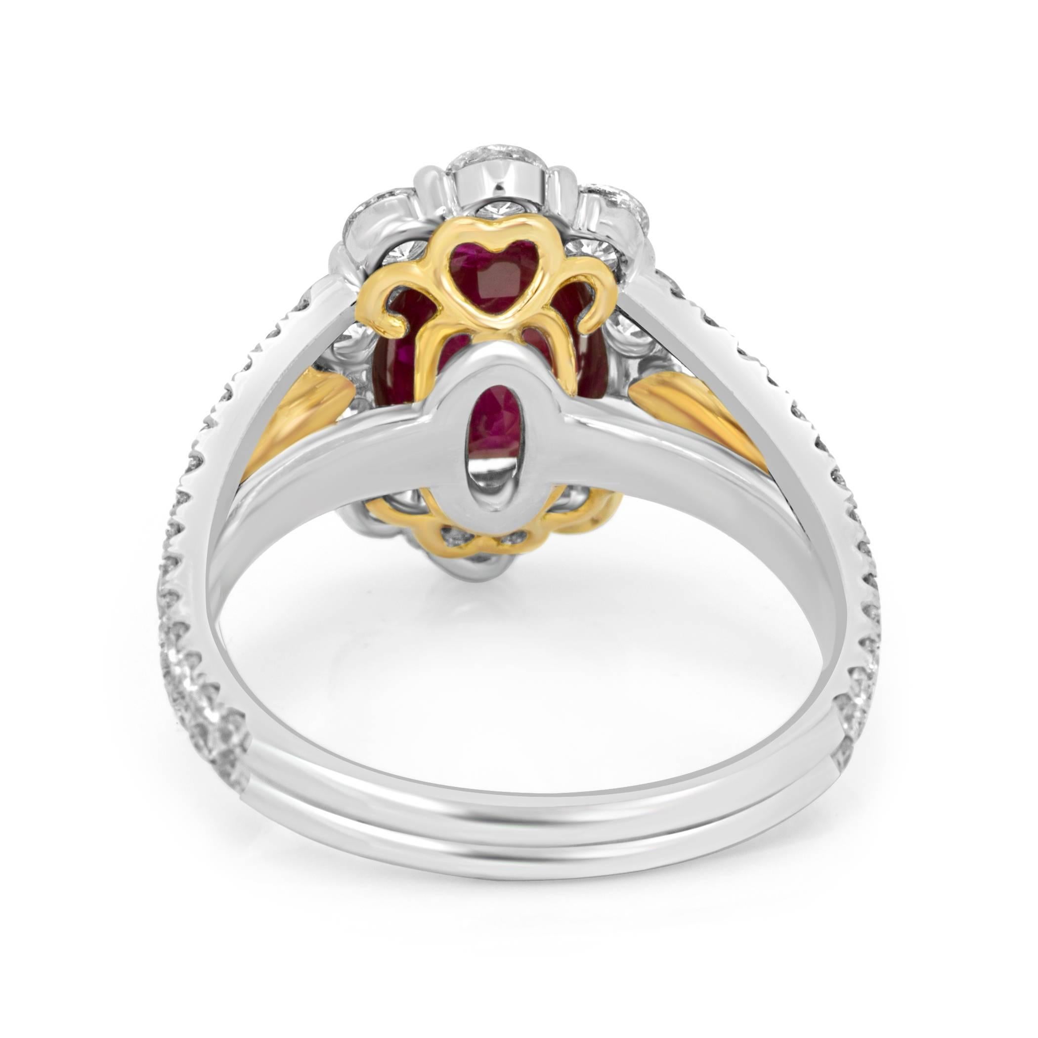 Pigeons Blood GIA Certified No Heat Burma Ruby Oval Halo Two Color Gold Ring 2