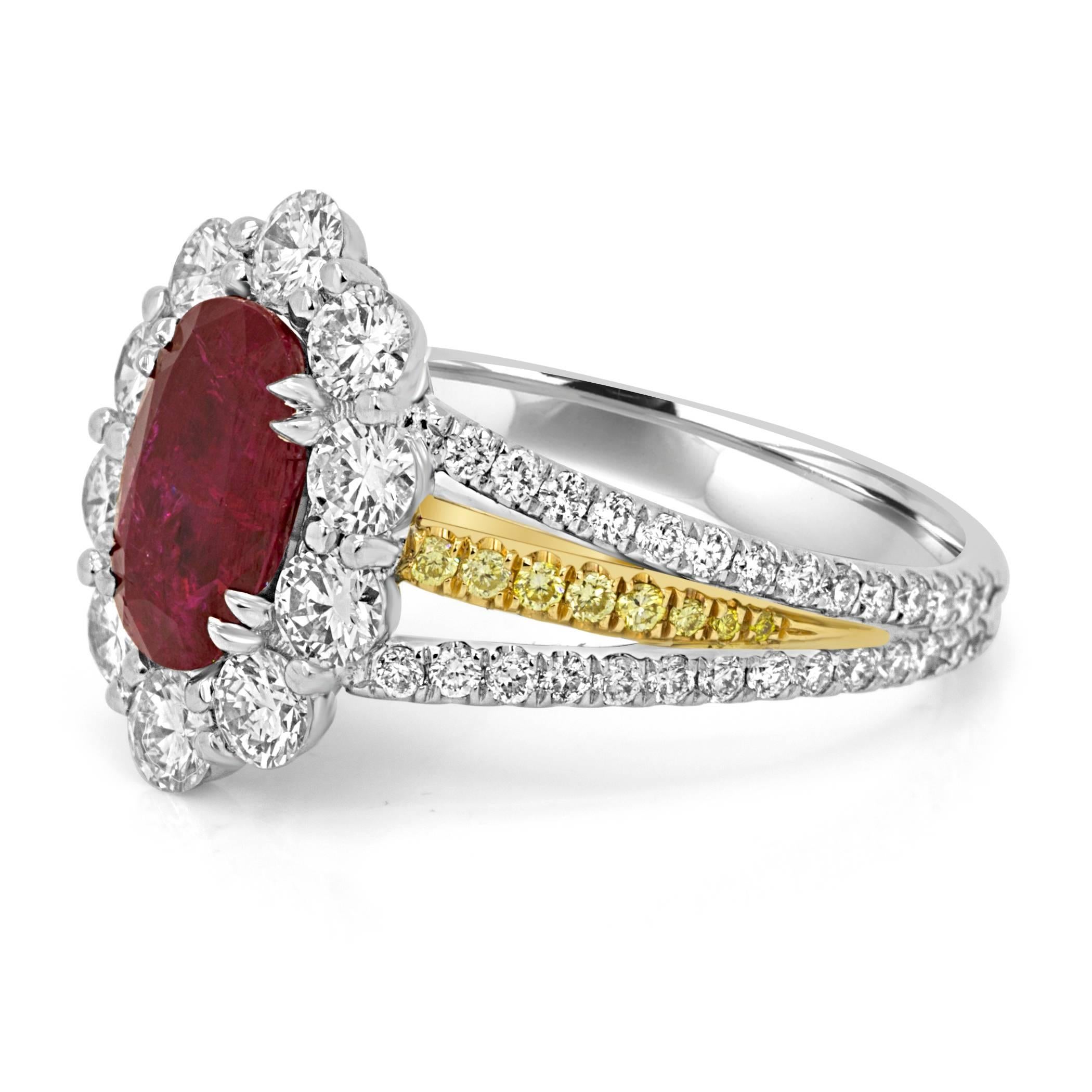 Modern Pigeons Blood GIA Certified No Heat Burma Ruby Oval Halo Two Color Gold Ring