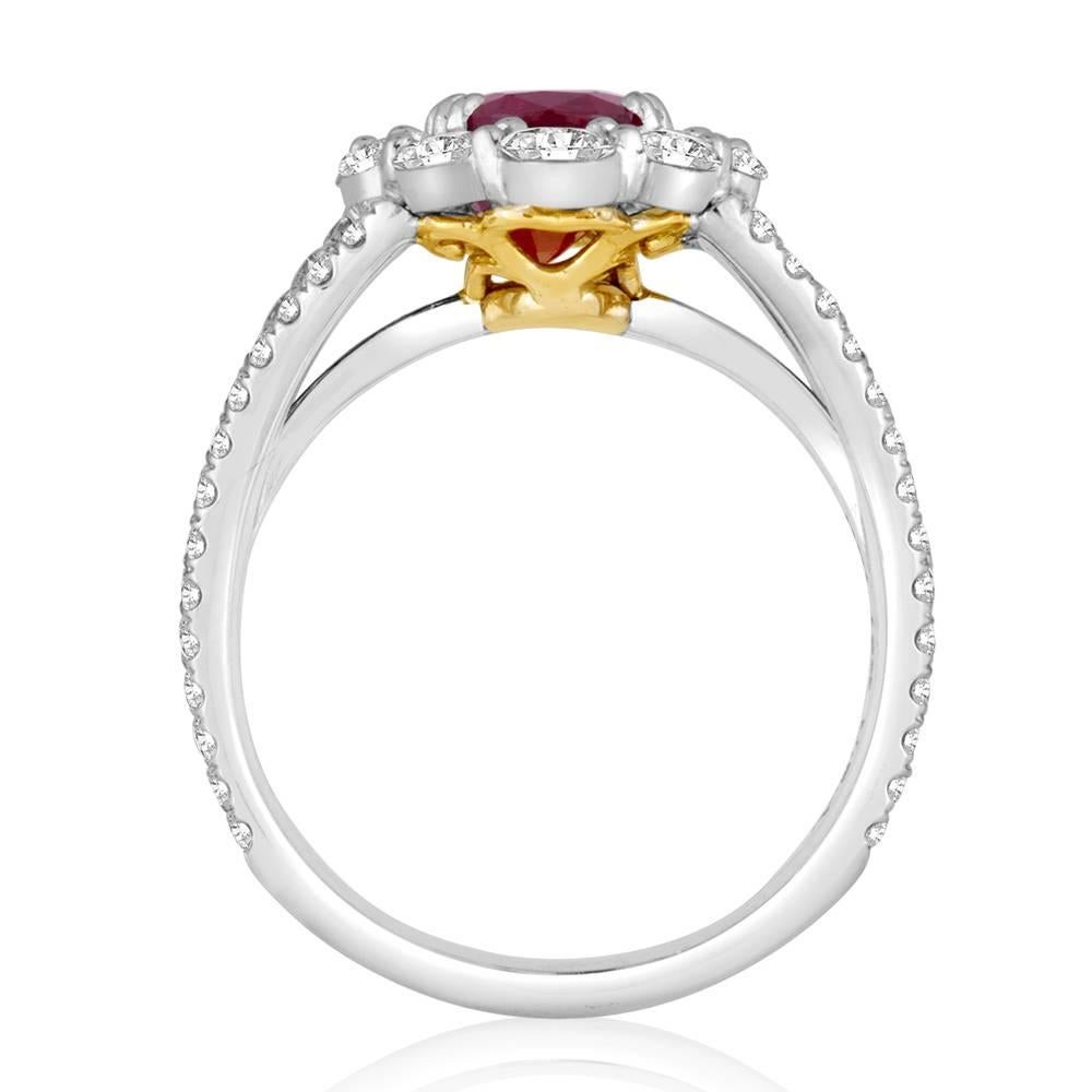 Pigeons Blood GIA Certified No Heat Burma Ruby Oval Halo Two Color Gold Ring 1