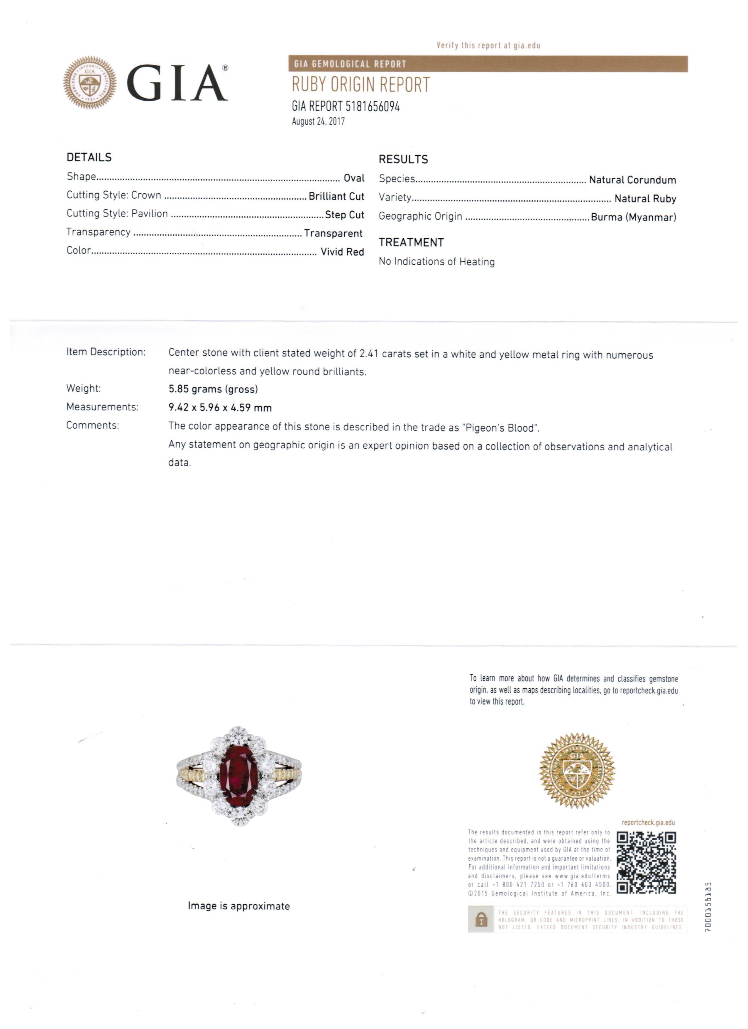 Pigeons Blood GIA Certified No Heat Burma Ruby Oval Halo Two Color Gold Ring 3