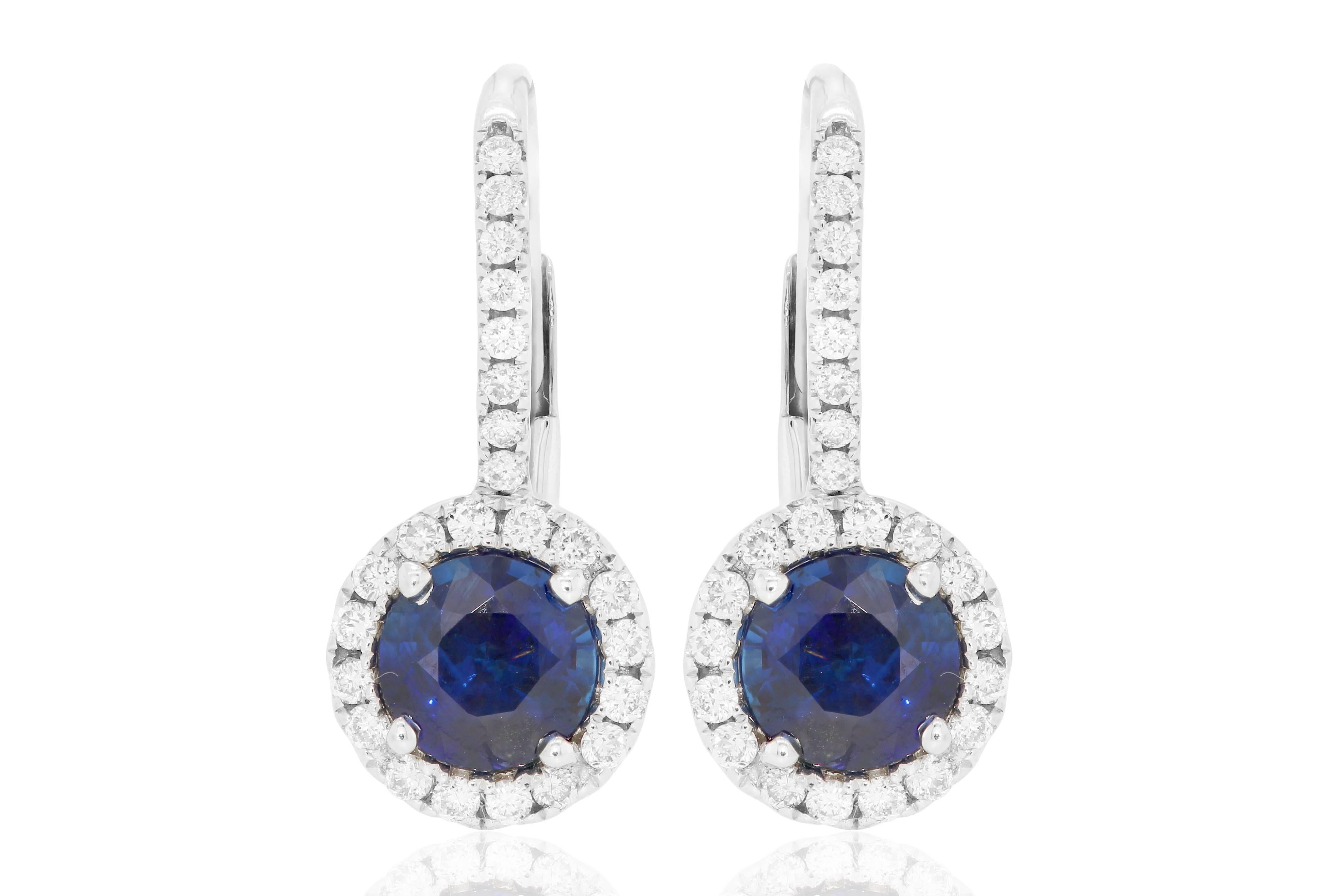 Very Nice Color and quality Royal Blue Sapphire Rounds 2.25 Carat encircled in Halo of white diamond 0.50 Carat in 14K white Gold gorgeous Dangle earring. 

Style available in different price ranges. Prices are based on your selection of 4C's Cut,