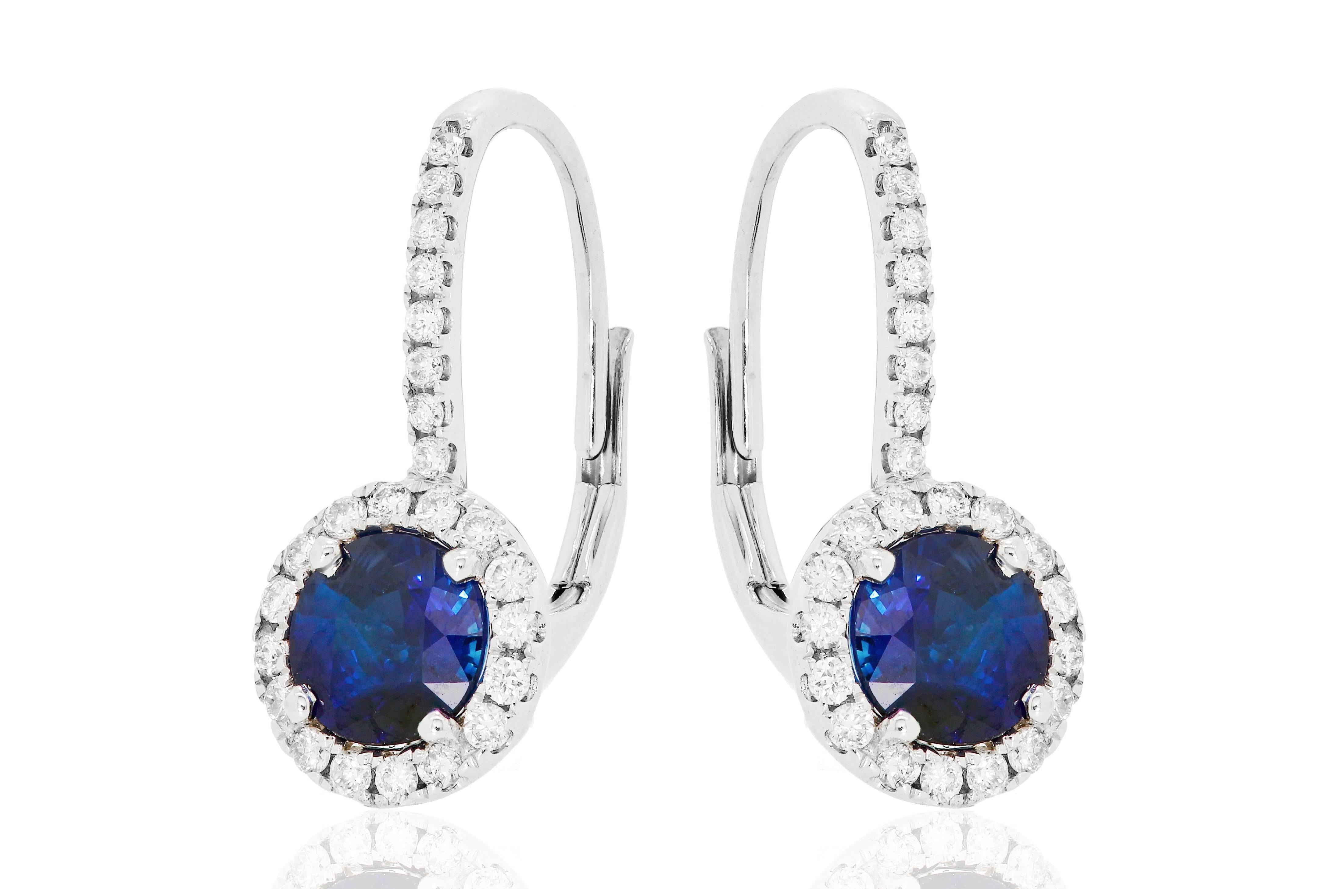 Round Cut Blue Sapphire Round Diamond Halo Gold Dangle Leverback Earring