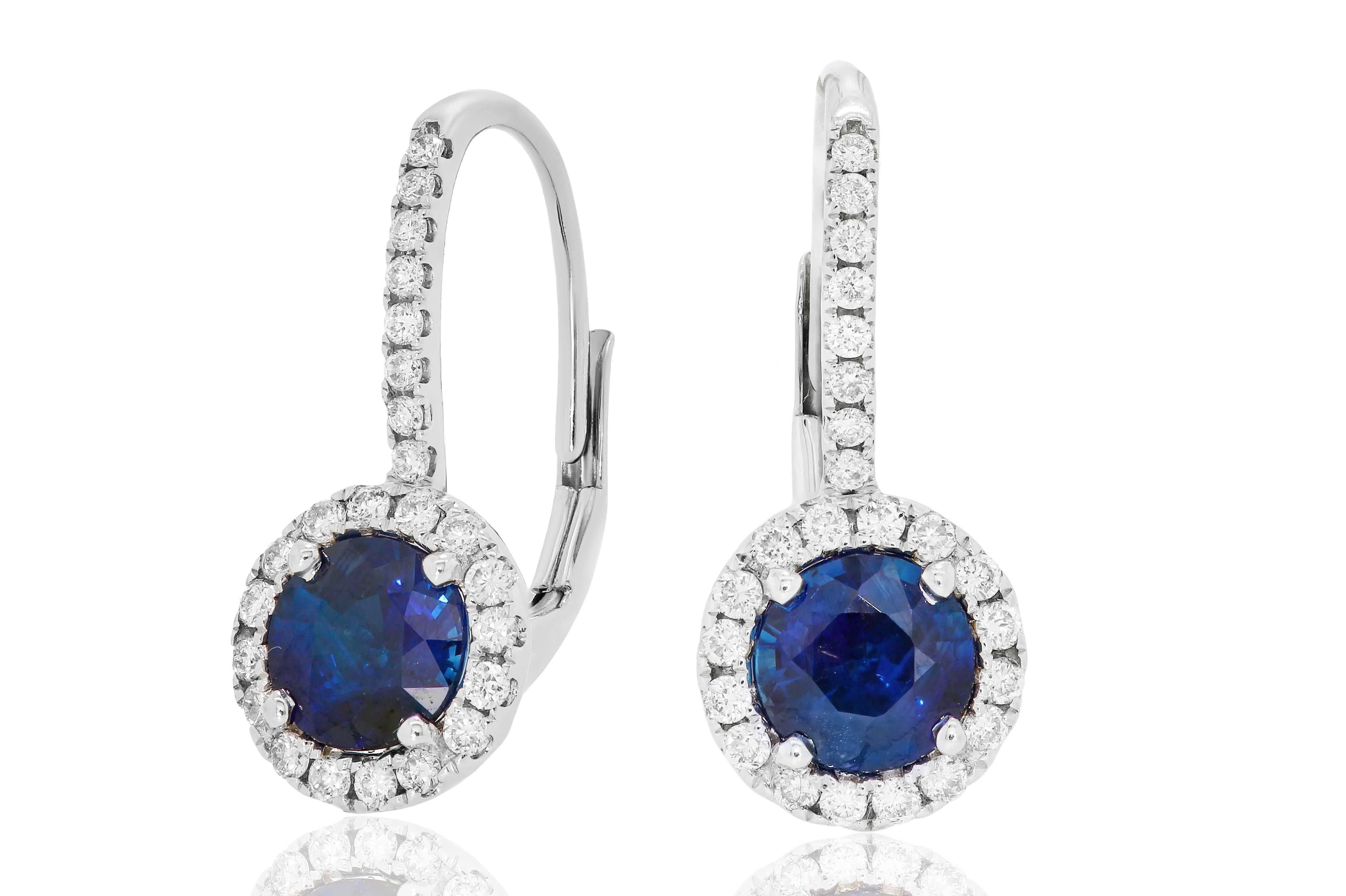 Modern Blue Sapphire Round Diamond Halo Gold Dangle Leverback Earring