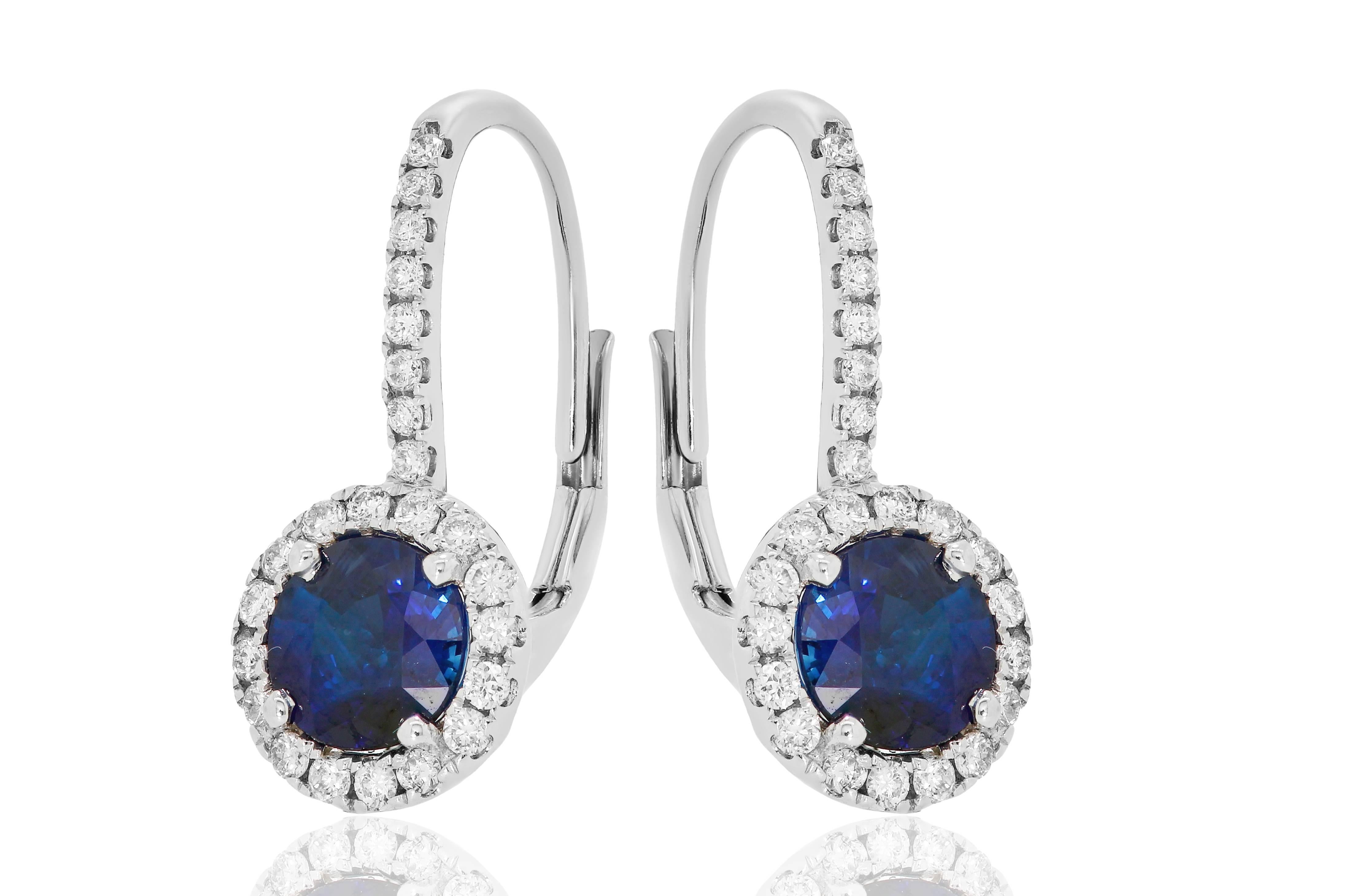 Blue Sapphire Round Diamond Halo Gold Dangle Leverback Earring In New Condition In NEW YORK, NY