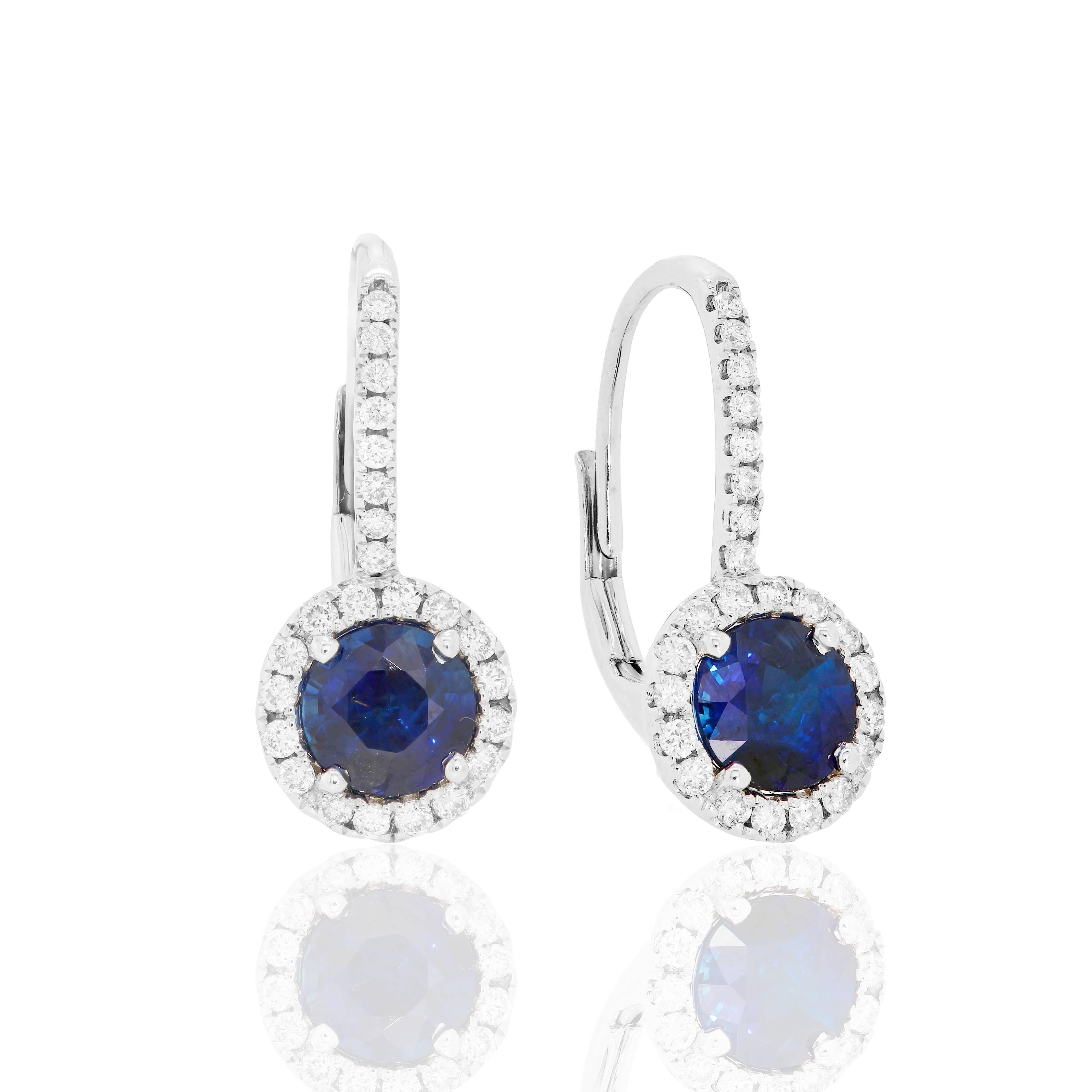 Women's Blue Sapphire Round Diamond Halo Gold Dangle Leverback Earring