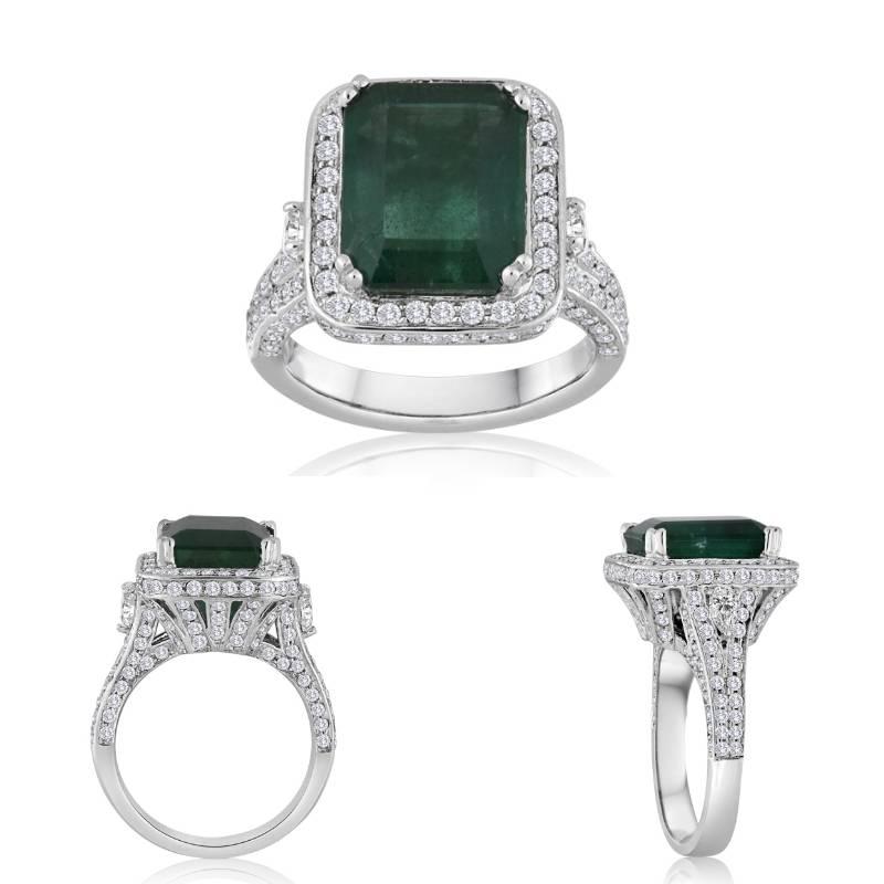 GIA Certified Minor 6.30 Carat Emerald Diamond Halo Gold Bridal Cocktail Ring 3