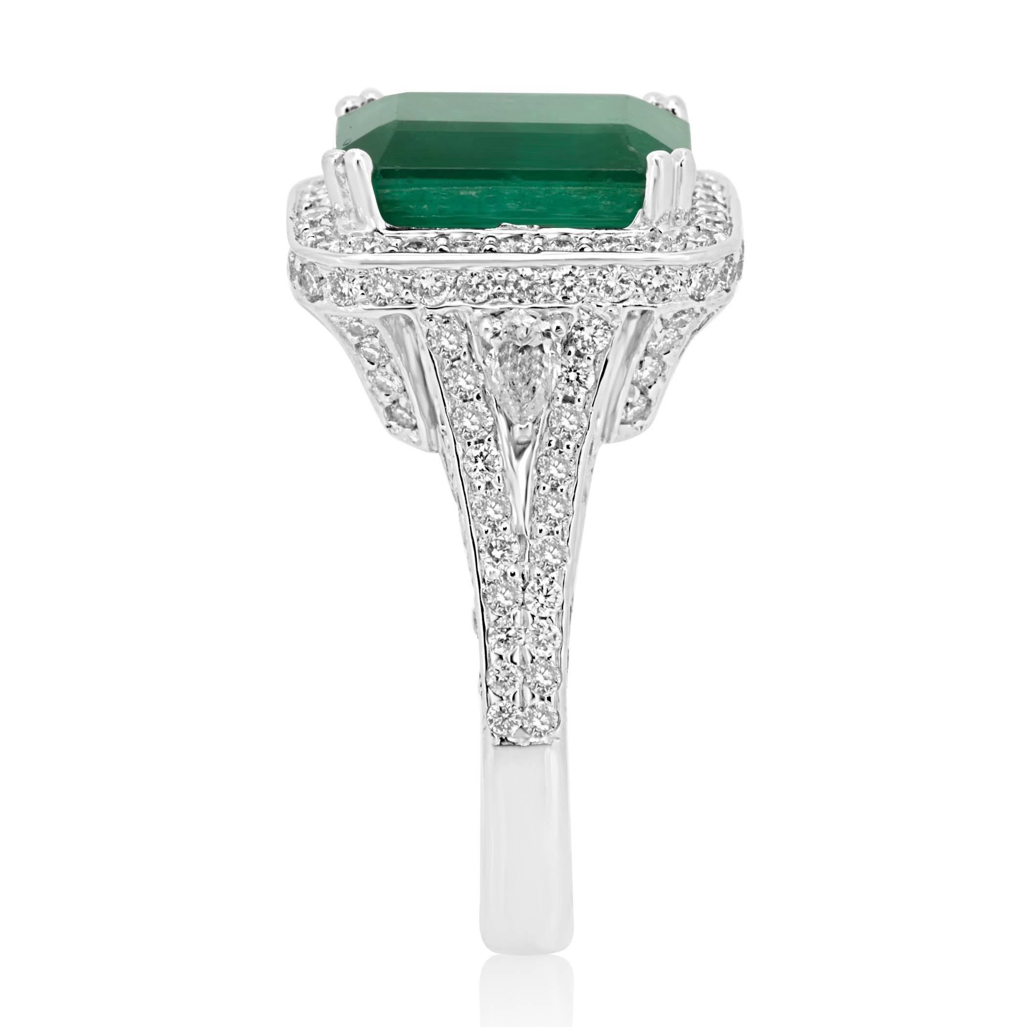 GIA Certified Minor 6.30 Carat Emerald Diamond Halo Gold Bridal Cocktail Ring 2