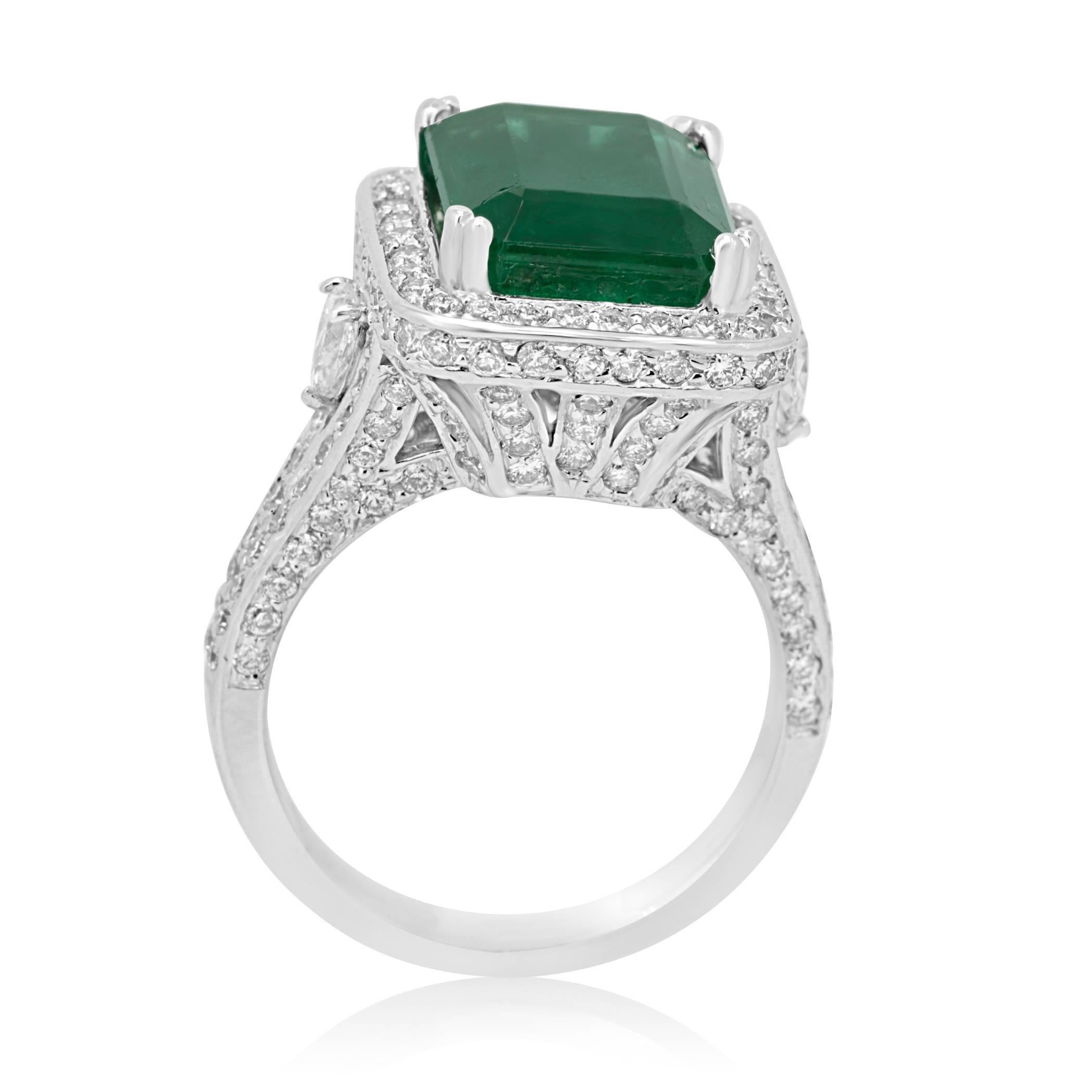 Women's or Men's GIA Certified Minor 6.30 Carat Emerald Diamond Halo Gold Bridal Cocktail Ring