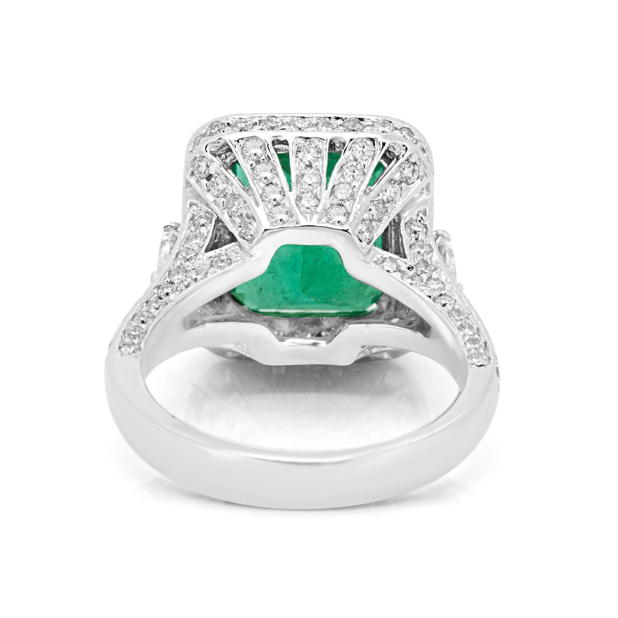 GIA Certified Minor 6.30 Carat Emerald Diamond Halo Gold Bridal Cocktail Ring 4