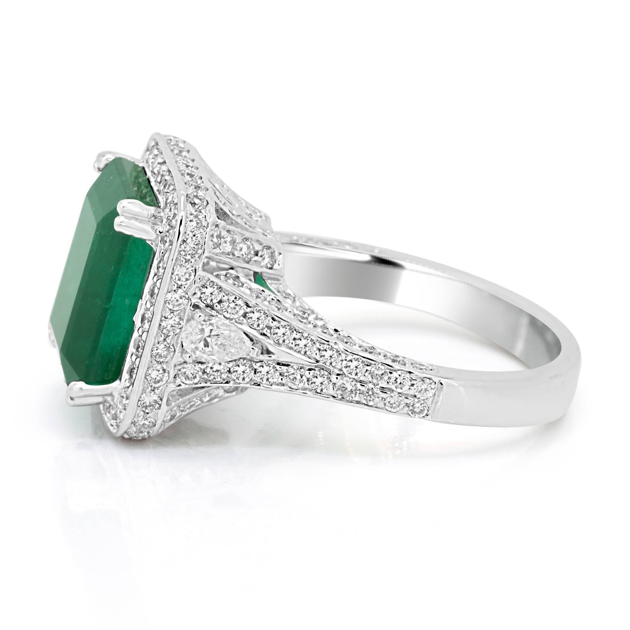 GIA Certified Minor 6.30 Carat Emerald Diamond Halo Gold Bridal Cocktail Ring In New Condition In NEW YORK, NY