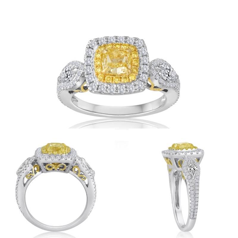 Certified Fancy Intense Yellow VS Diamond Double Halo Two Color Gold Bridal Ring 3