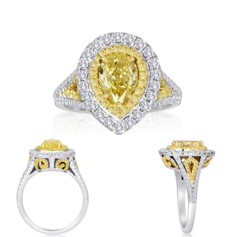 Women's GIA Certified Intense Yellow Diamond Double Halo Two Color Gold Bridal Ring