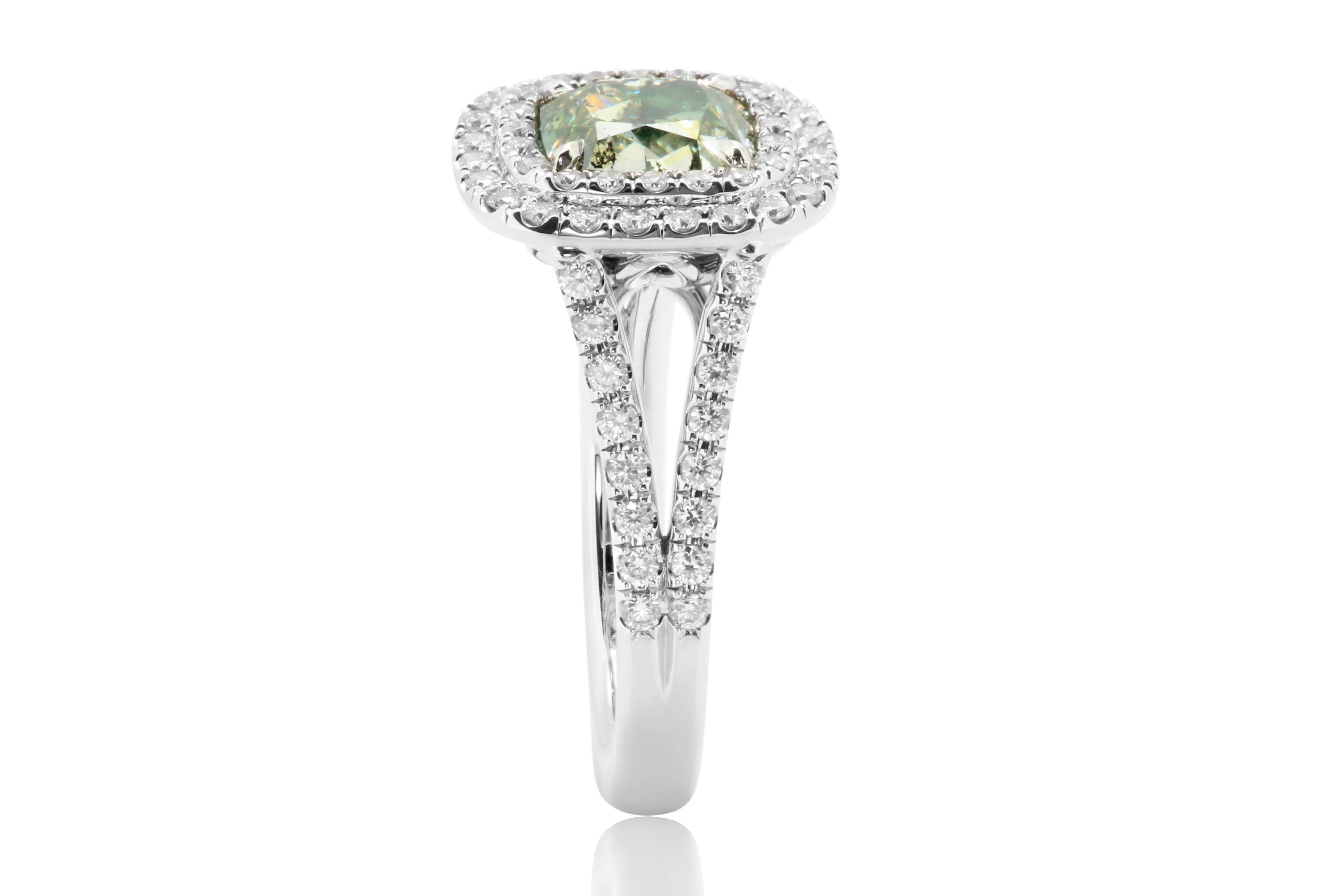 Women's GIA Certified Natural Fancy Green Cushion Diamond Double Halo Gold Bridal Ring