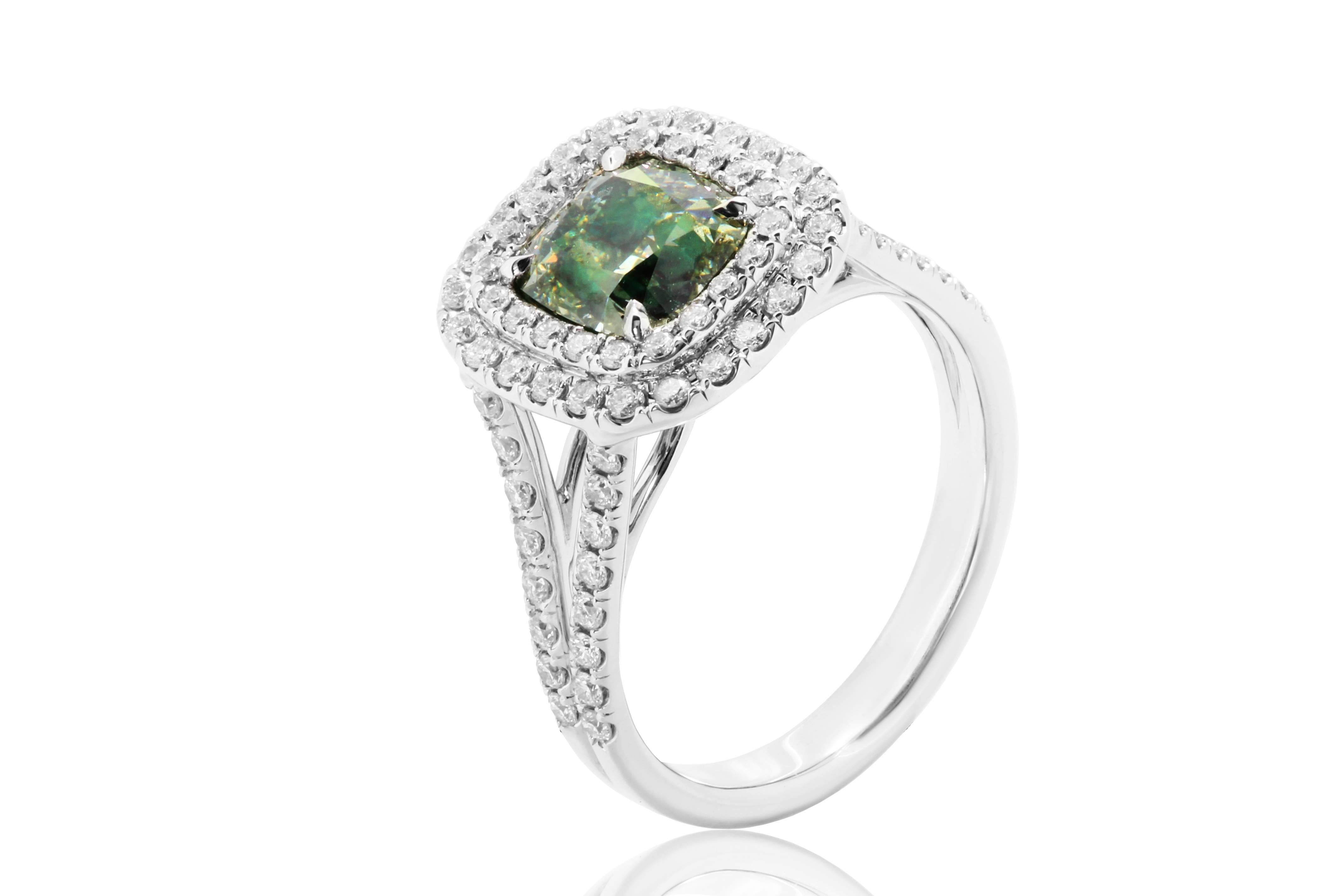 GIA Certified Natural Fancy Green Cushion Diamond Double Halo Gold Bridal Ring In Excellent Condition In NEW YORK, NY