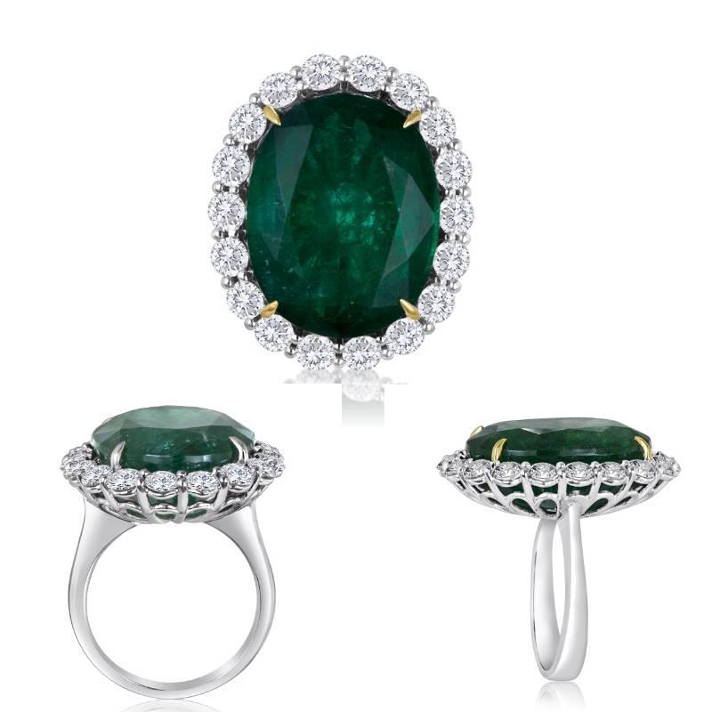 GIA Certified 19.78 Ct Zambian Emerald Diamond Halo Two Color Gold Cocktail Ring 5