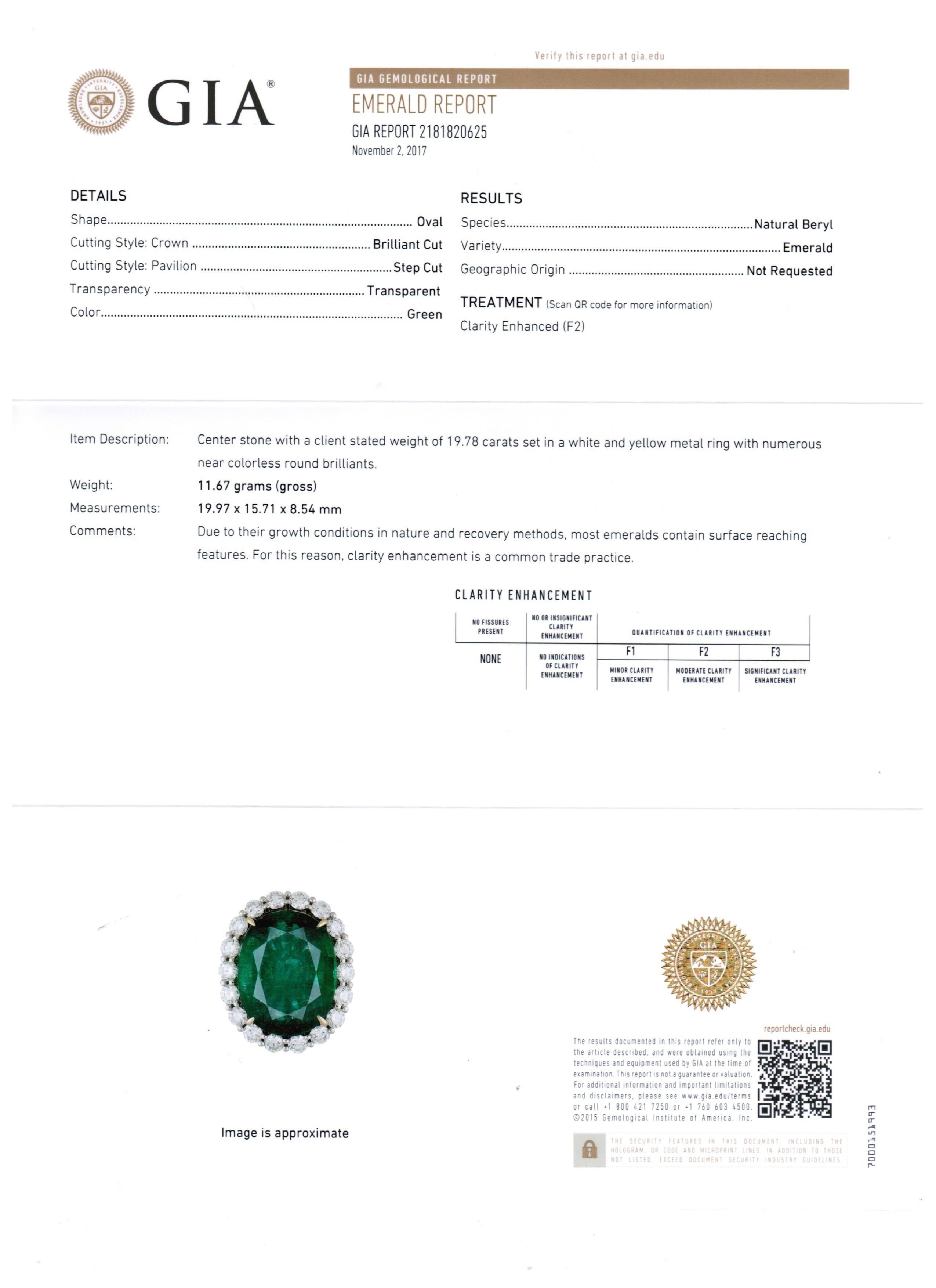 GIA Certified 19.78 Ct Zambian Emerald Diamond Halo Two Color Gold Cocktail Ring 7