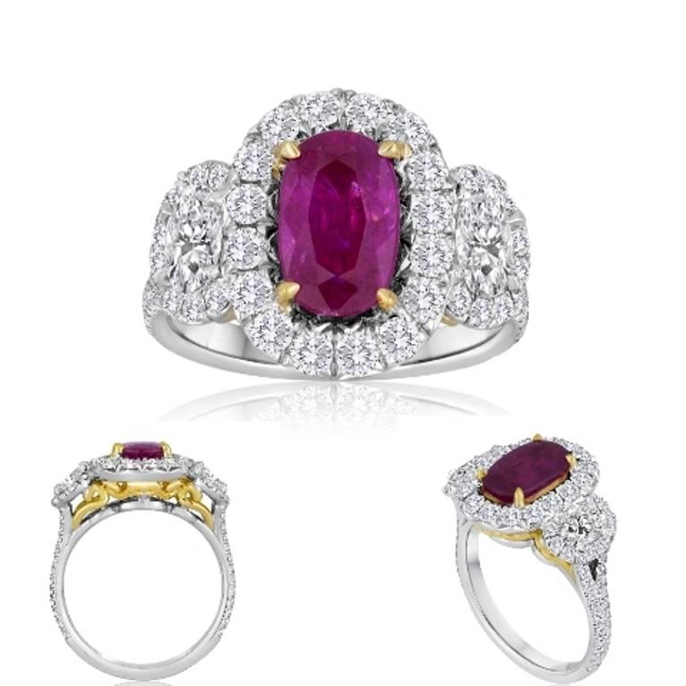 Oval Cut Three Stone GIA Certified No Heat Burma Ruby 2.10Carat Diamond Halo Twotone Ring