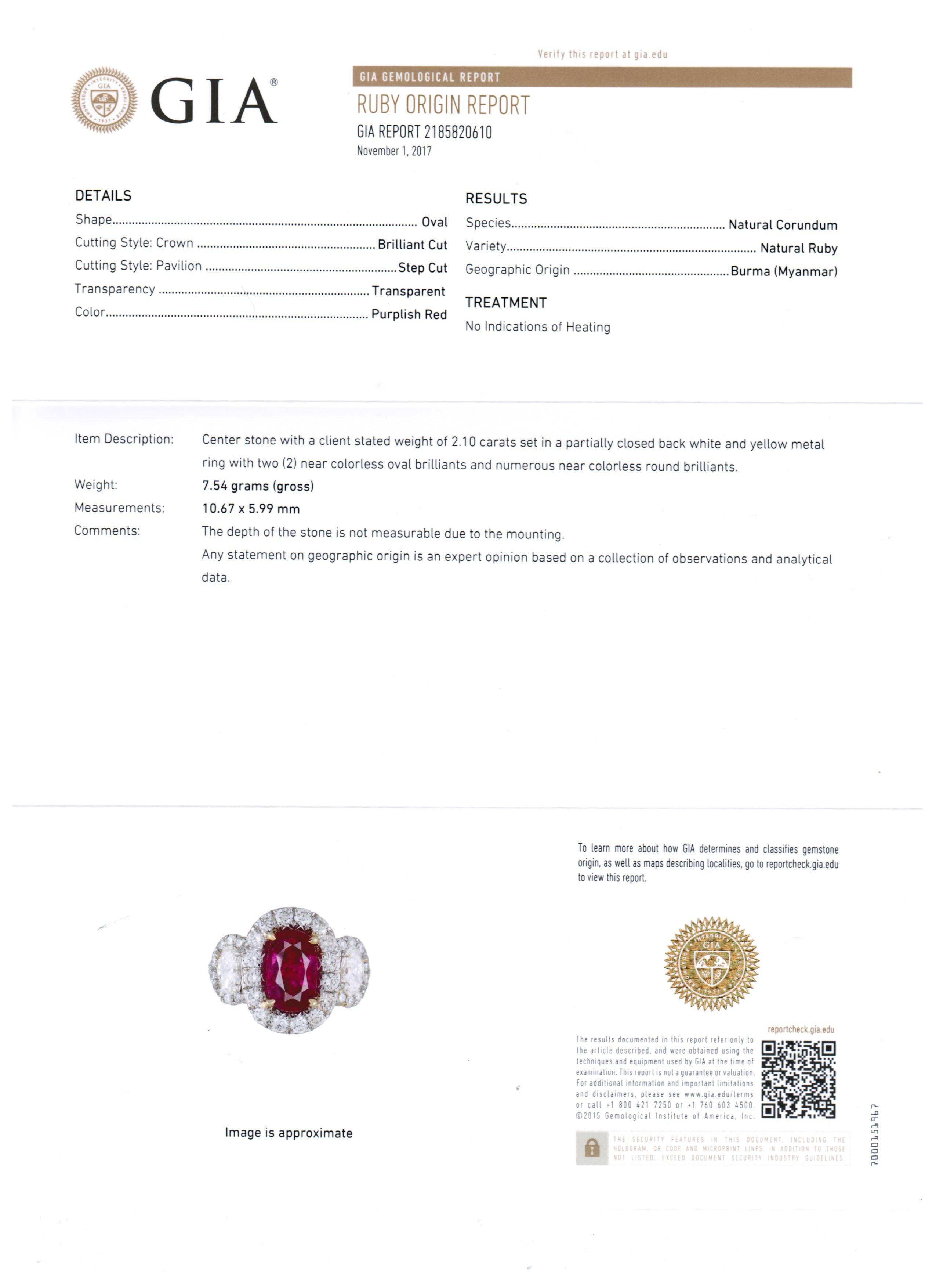 Women's or Men's Three Stone GIA Certified No Heat Burma Ruby 2.10Carat Diamond Halo Twotone Ring